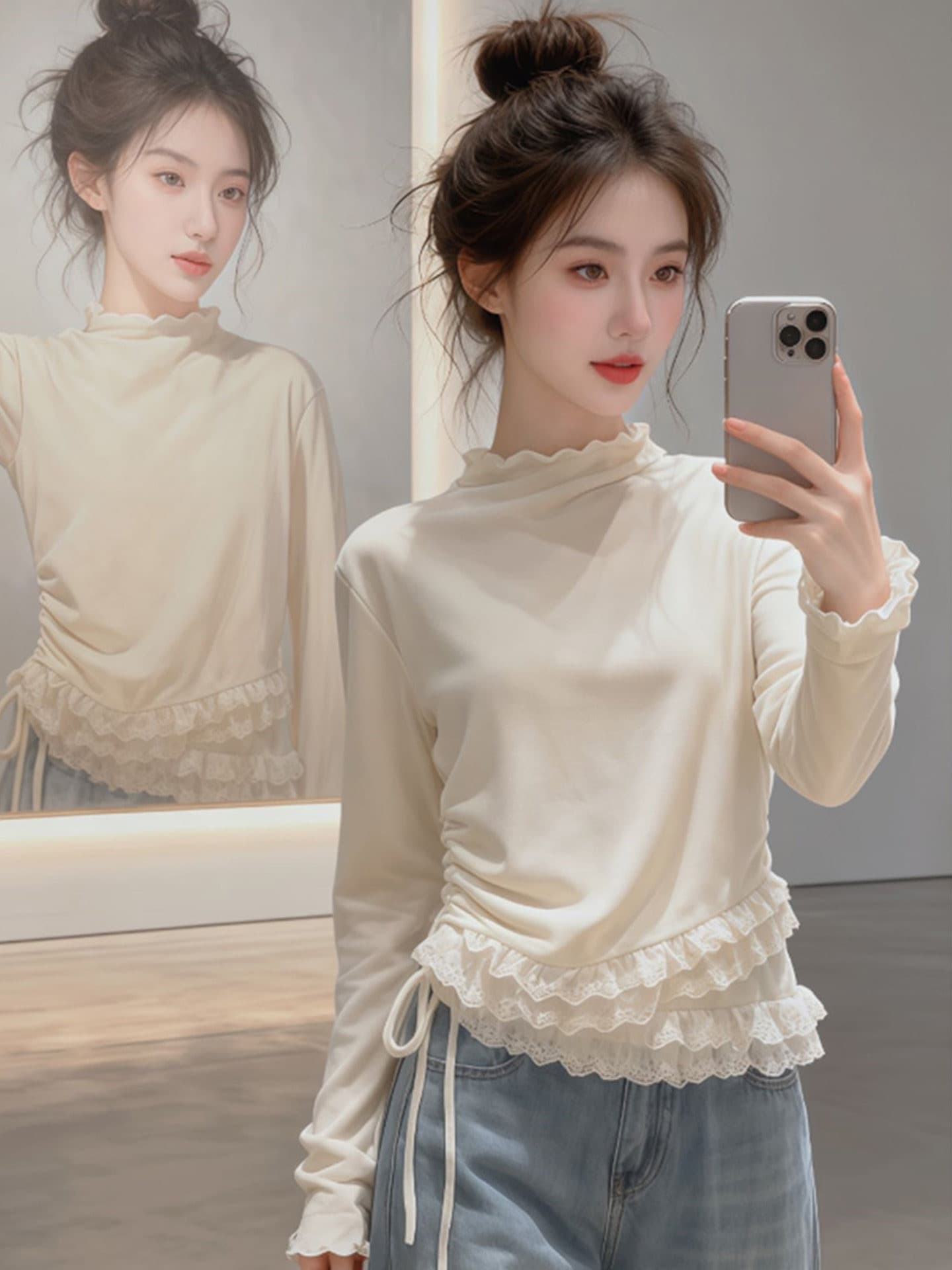 300 그램 사람들 면 연삭 털 2025 봄 가을 새로운 한국 스타일 긴팔 티셔츠 여성 디자인 센스 상세 이미지 9