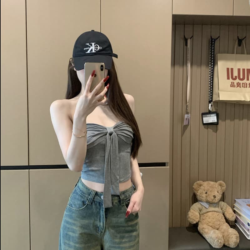 나비 매듭 튜브탑 조끼 여성 여름 작은 대중 섹시함 핫걸 슬림해 보이는 섹시함 주름 회색 민소매 이미지 4