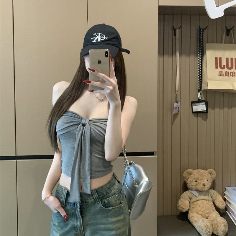 나비 매듭 튜브탑 조끼 여성 여름 작은 대중 섹시함 핫걸 슬림해 보이는 섹시함 주름 회색 민소매 이미지 5