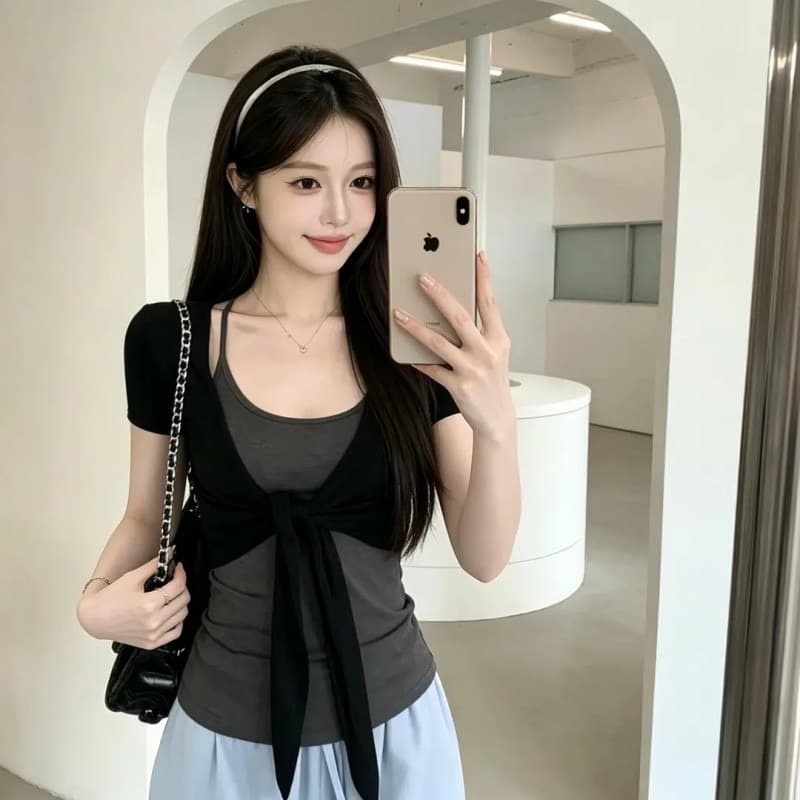 섹시함 달콤한 자매 블랙 회색 사실 두 조각 행침 목 슬립 외부 가져 가라. 쇼트 스타일 오픈 가디건 작은 대중 레트로 디스플레이 몸 니스 착용 가져 가라. 이미지 3