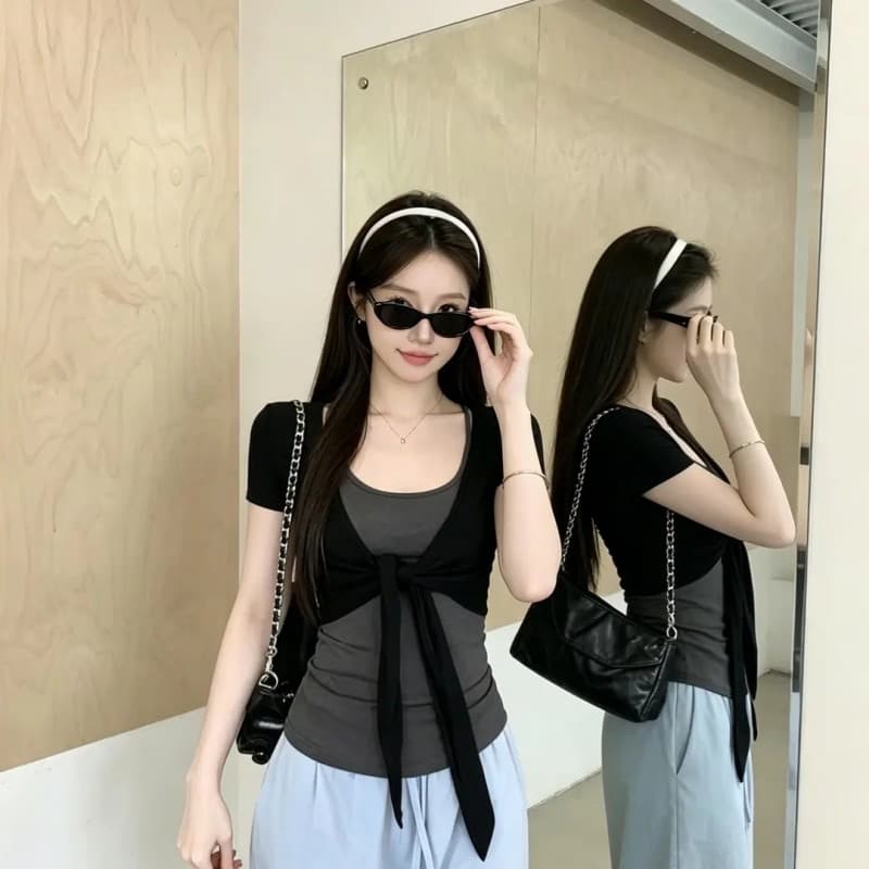 섹시함 달콤한 자매 블랙 회색 사실 두 조각 행침 목 슬립 외부 가져 가라. 쇼트 스타일 오픈 가디건 작은 대중 레트로 디스플레이 몸 니스 착용 가져 가라. 이미지 6