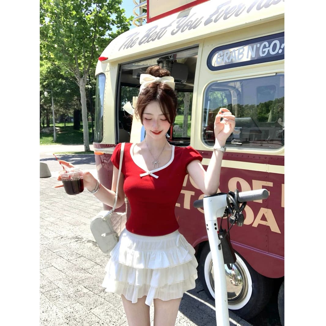 신선함 여름 휴가 착용 가져 가라. 와인 레드 거품 소매 리본 맨위 몸매 가꾸기 꼬집기 허리 외국 가스 Chic 밖으로 조각 티셔츠 이미지 6