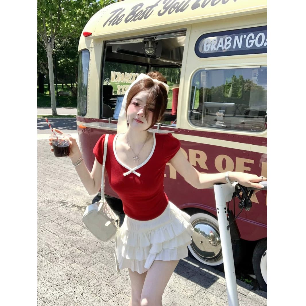 신선함 여름 휴가 착용 가져 가라. 와인 레드 거품 소매 리본 맨위 몸매 가꾸기 꼬집기 허리 외국 가스 Chic 밖으로 조각 티셔츠 이미지 3