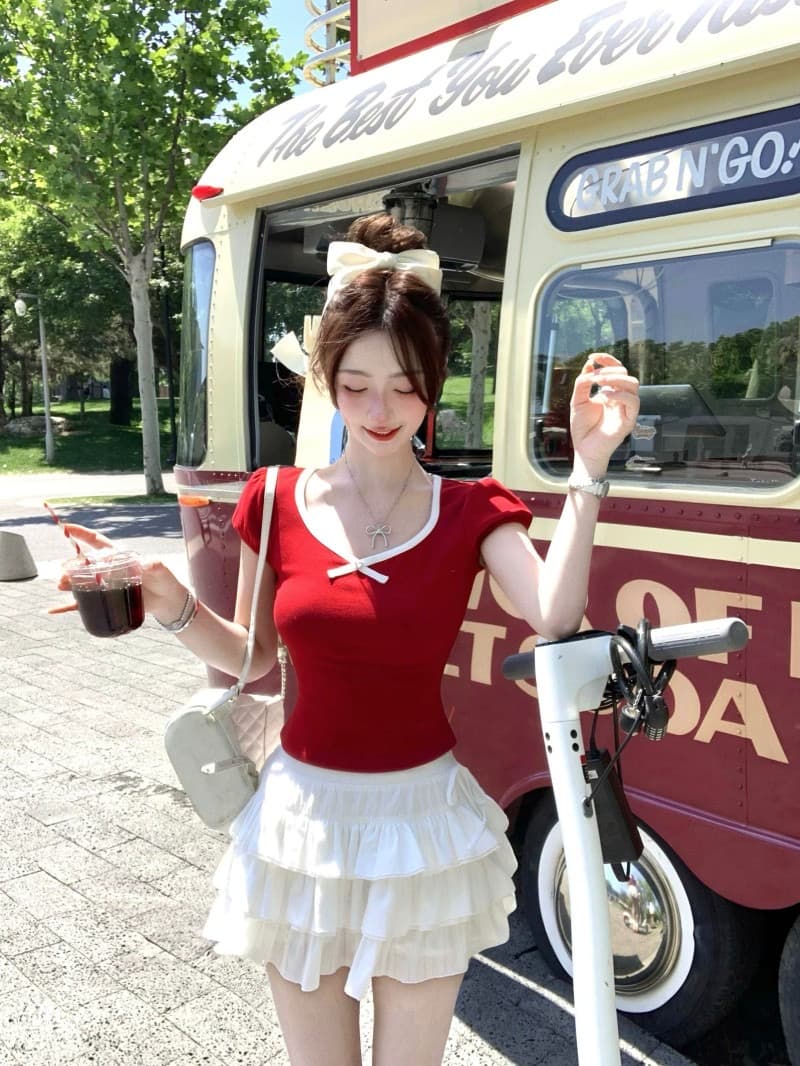 신선함 여름 휴가 착용 가져 가라. 와인 레드 거품 소매 리본 맨위 몸매 가꾸기 꼬집기 허리 외국 가스 Chic 밖으로 조각 티셔츠 상세 이미지 12