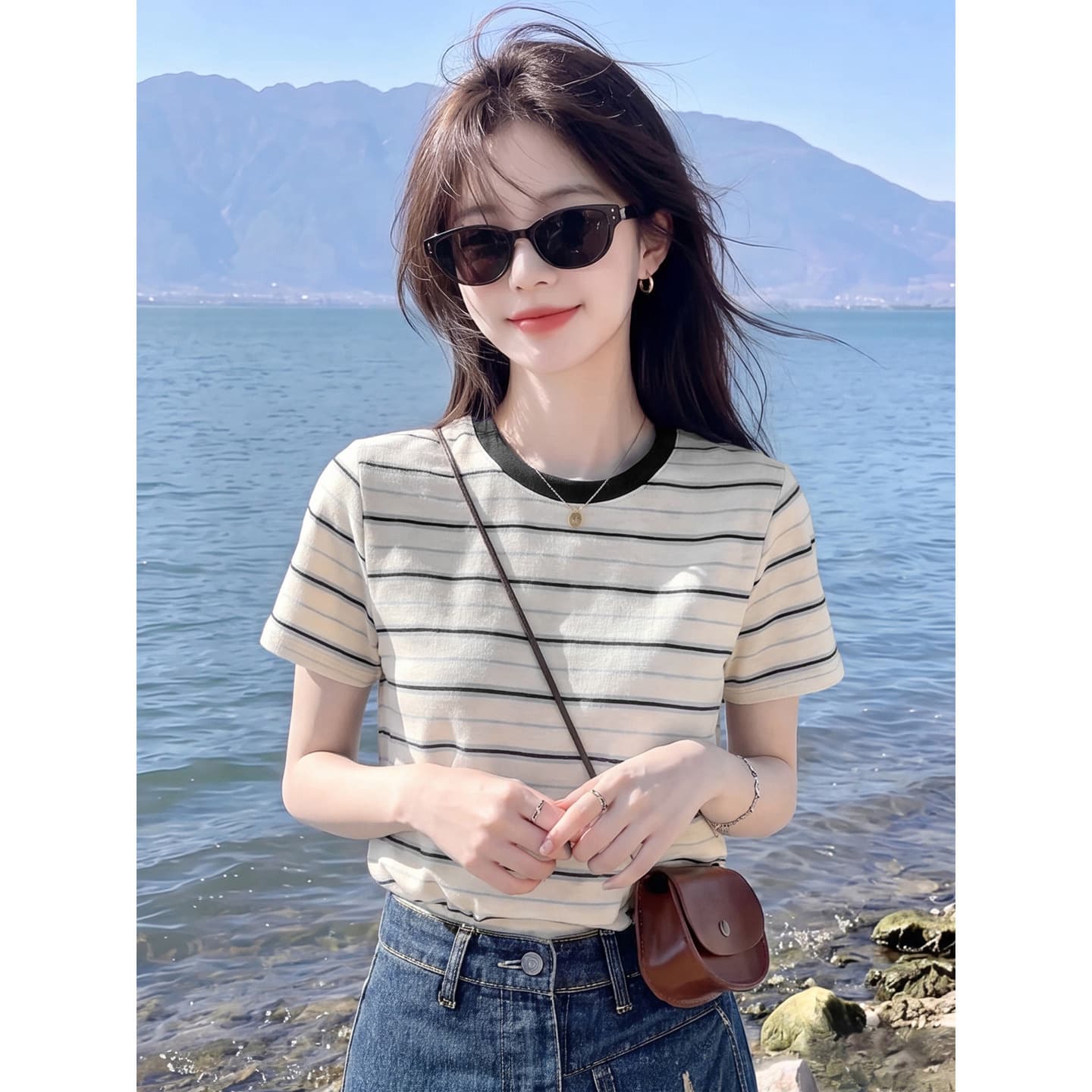 180 그램 65 면 35 폴리에스터 2026 여름 새로운 한국 스타일 반팔 티셔츠 여성 디자인 센스 상세 이미지 2