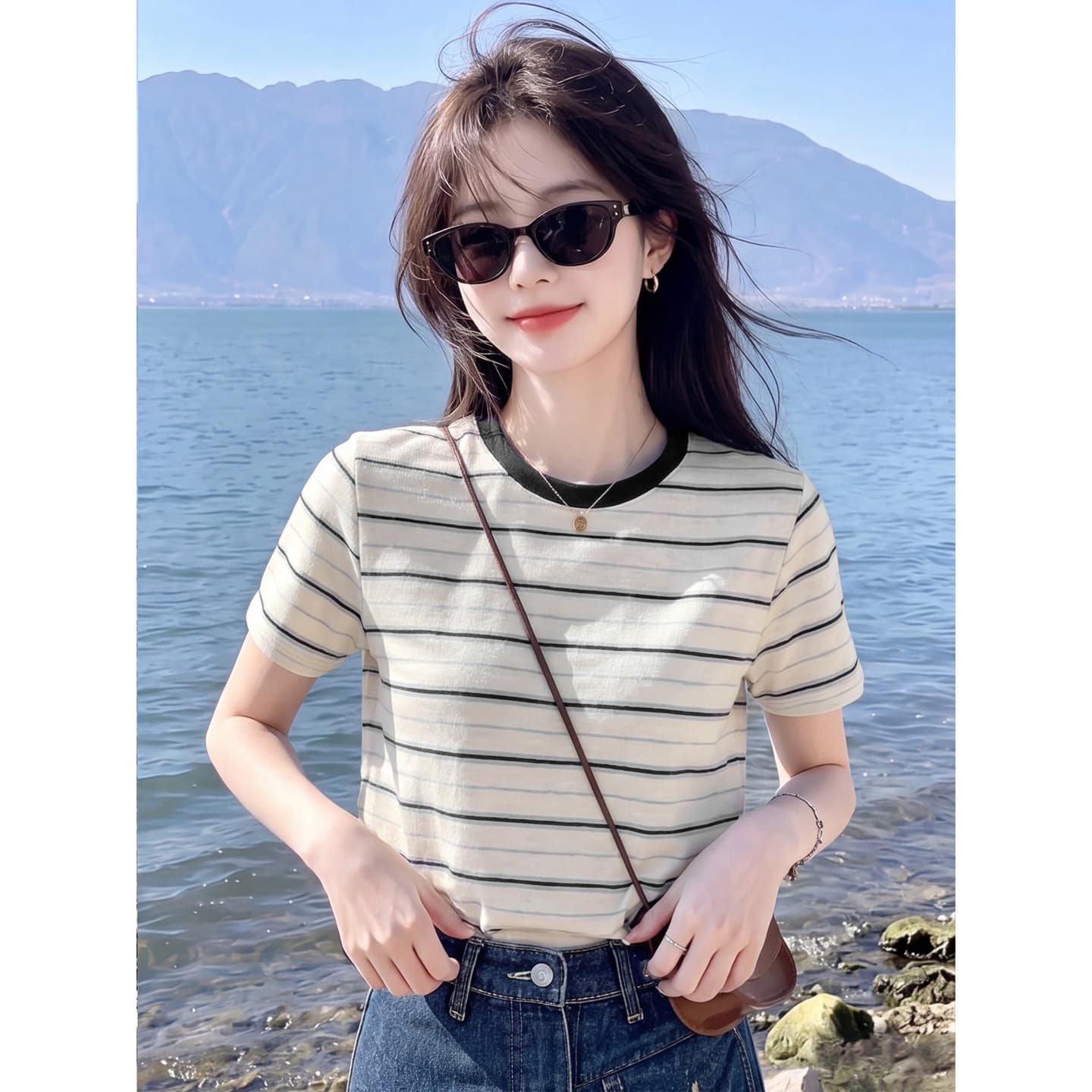 180 그램 65 면 35 폴리에스터 2026 여름 새로운 한국 스타일 반팔 티셔츠 여성 디자인 센스 상세 이미지 3
