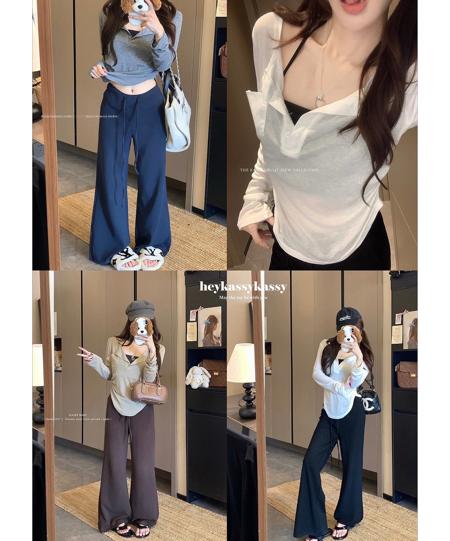 실사 이른 봄 새로운 한국 스타일 패션 품격 다용도 슬림해 보이는 긴팔 맨위 하이웨이스트 캐주얼 바지 세트 상세 이미지 1