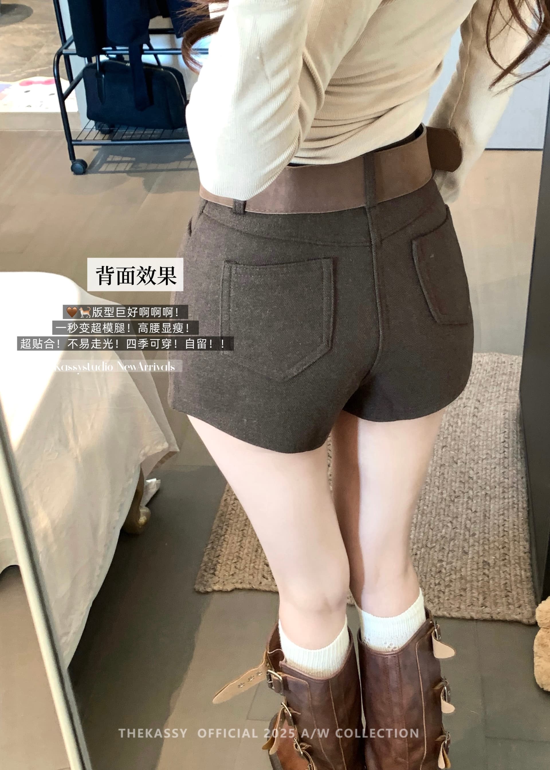 실사 가을 겨울 새로운 한국 스타일 미니멀리즘 단색 출퇴근 다용도 모직 캐주얼 반바지 슬림해 보이는 몸매 가꾸기 부츠 팬츠 여성 상세 이미지 5