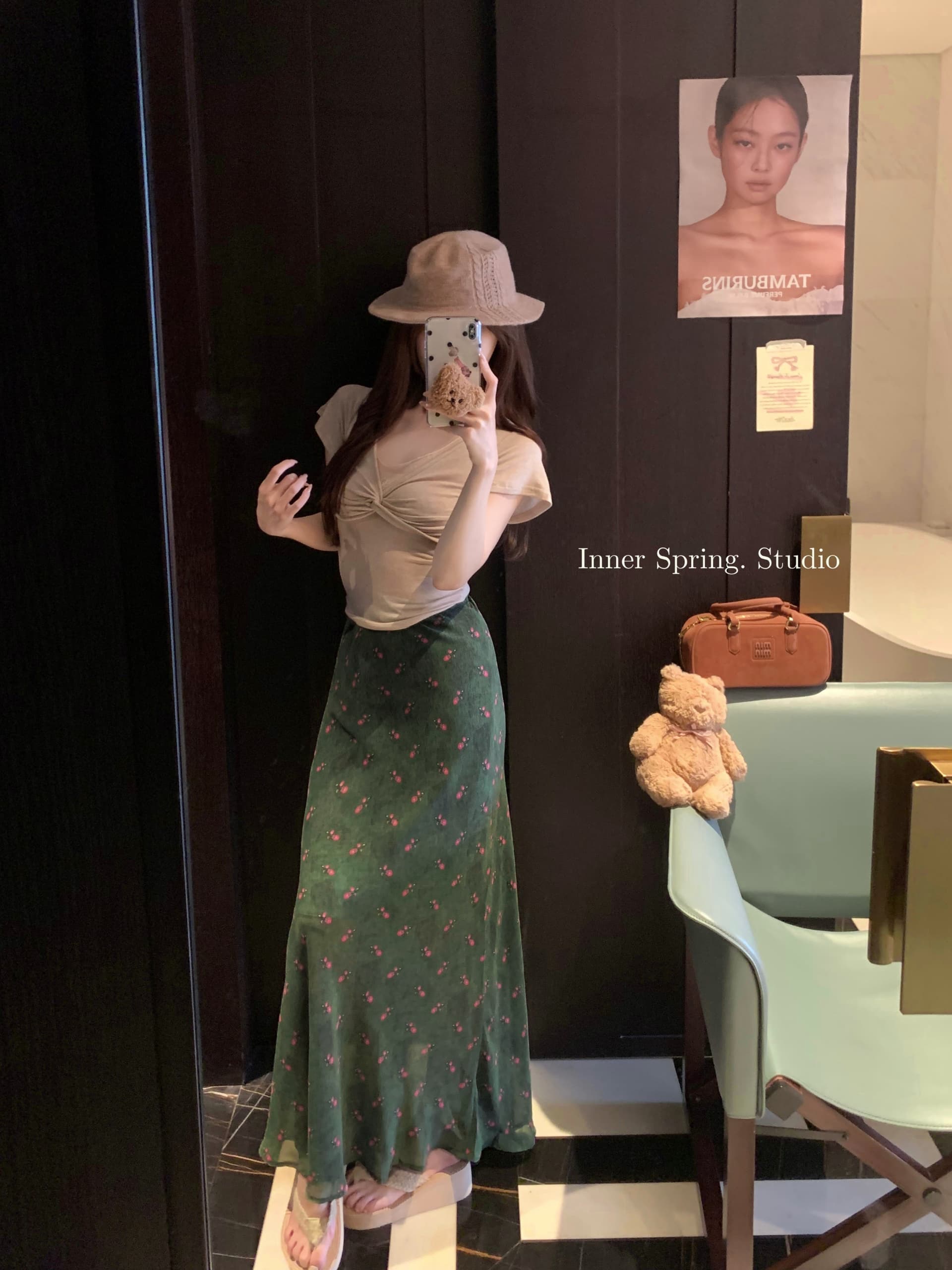 실사 레트로 하이웨이스트 인어 꼬리 쉬폰 꽃무늬 롱 스커트 반신 스커트