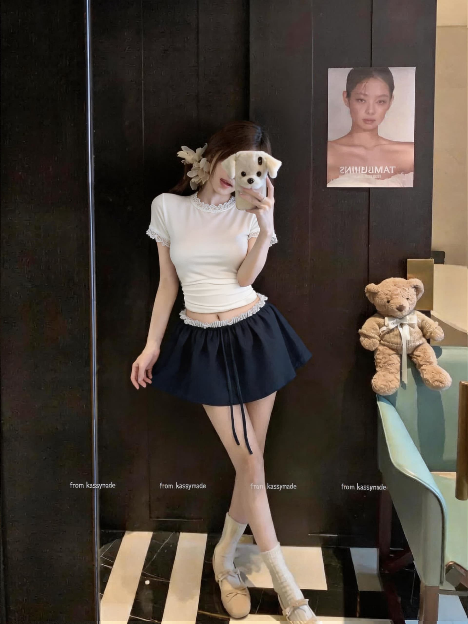 실사 화이트 레이스 몸매 가꾸기 반팔 티셔츠 여름 핫걸 세트 로우 웨이스트 꽃밭 치마 반신 스커트 슬림해 보이는 세트