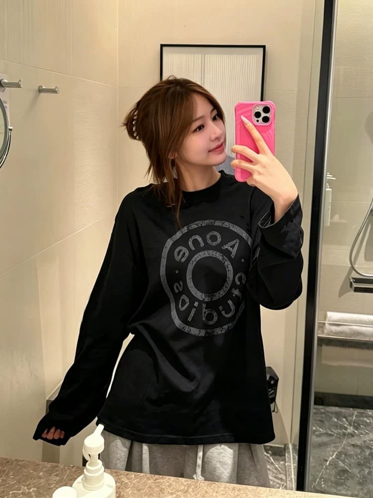 순면 210 그램 빗질하다 정밀 프린트 가을 루즈핏 긴팔 티셔츠 여성 상세 이미지 2
