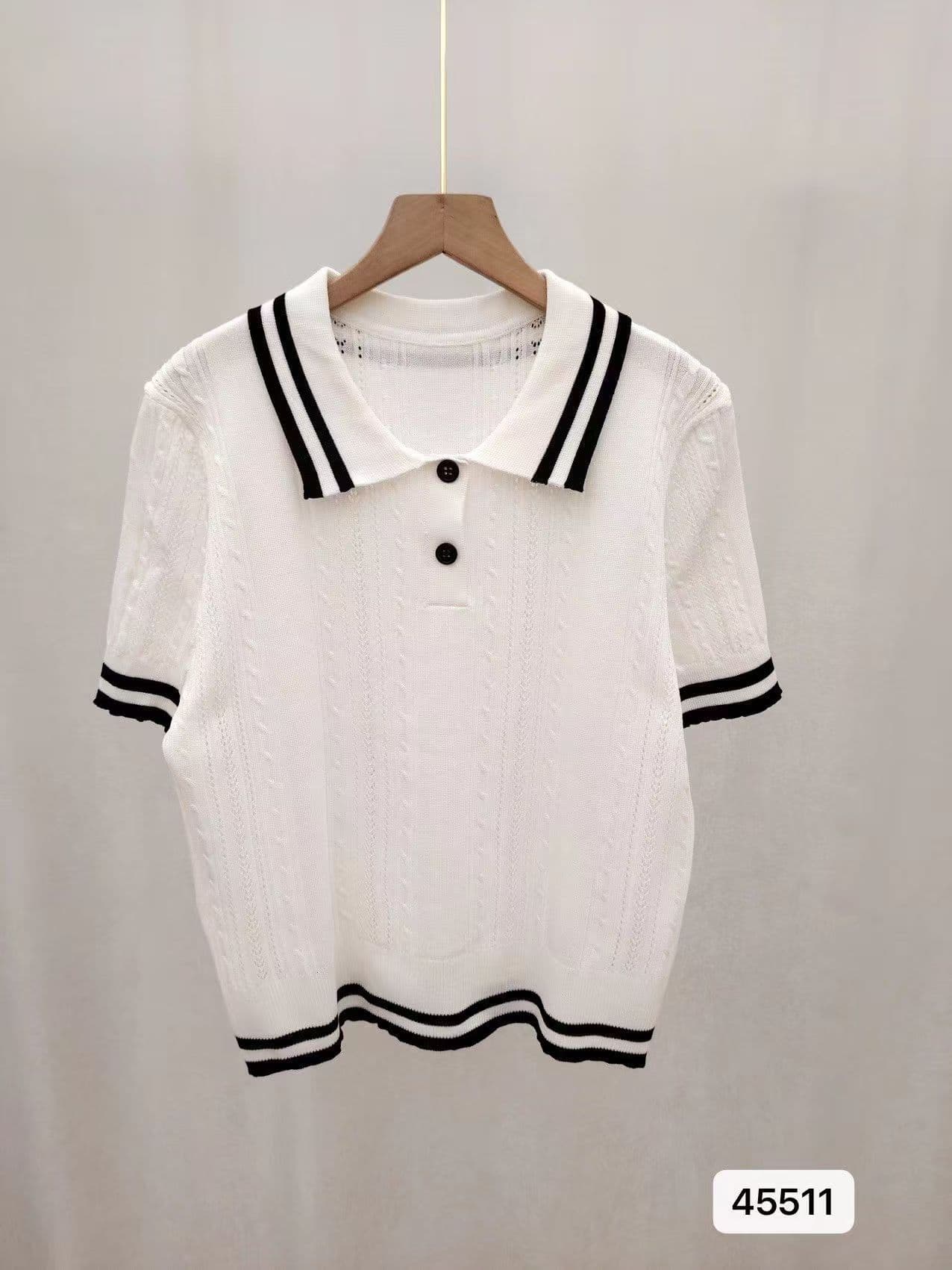 회색 배색 여름 다용도 새로운 단색 한국 스타일 슬림해 보이는 작은 대중 Chic 니트 스웨터 POLO 칼라 반팔 맨위 이미지 3