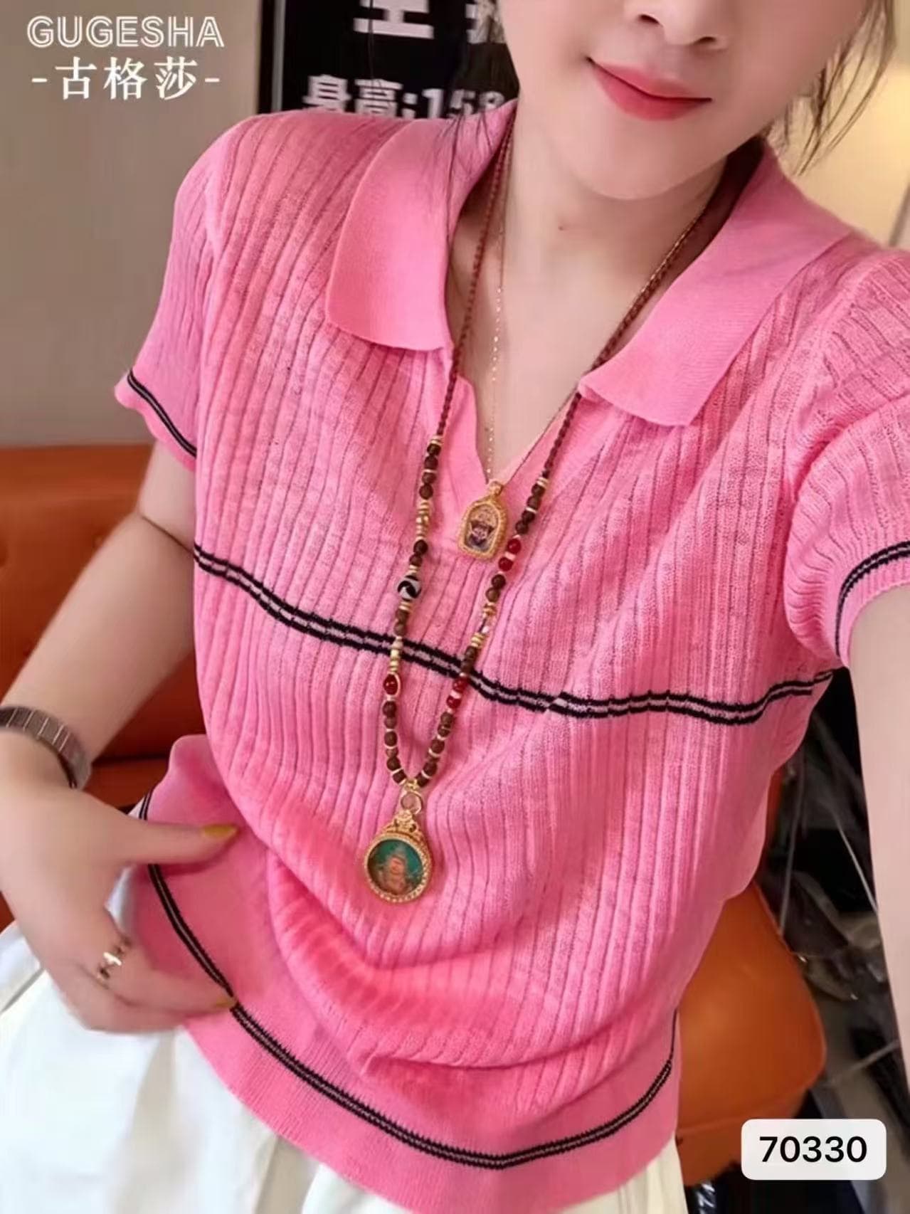 한 부서 오래된 돈 바람 대나무 마디 마 미니멀리즘 품격 폴로 칼라 반팔 니트 스웨터 여성 여름 새로운 다용도 슬림해 보이는 맨위 상세 이미지 7