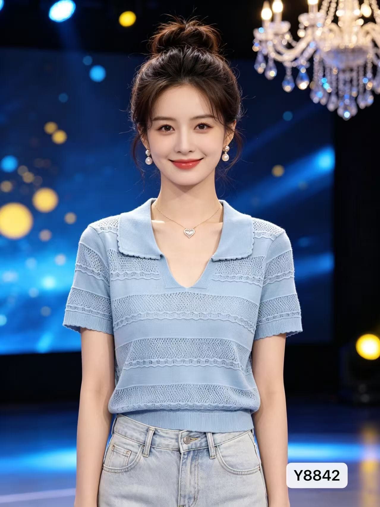 2026 년 여름 새로운 빛 요리 한 바람 뒤집다 V넥 가로 홀로우 아웃 니트 질감 풀오버 반팔 다용도 맨위 여성 상세 이미지 6