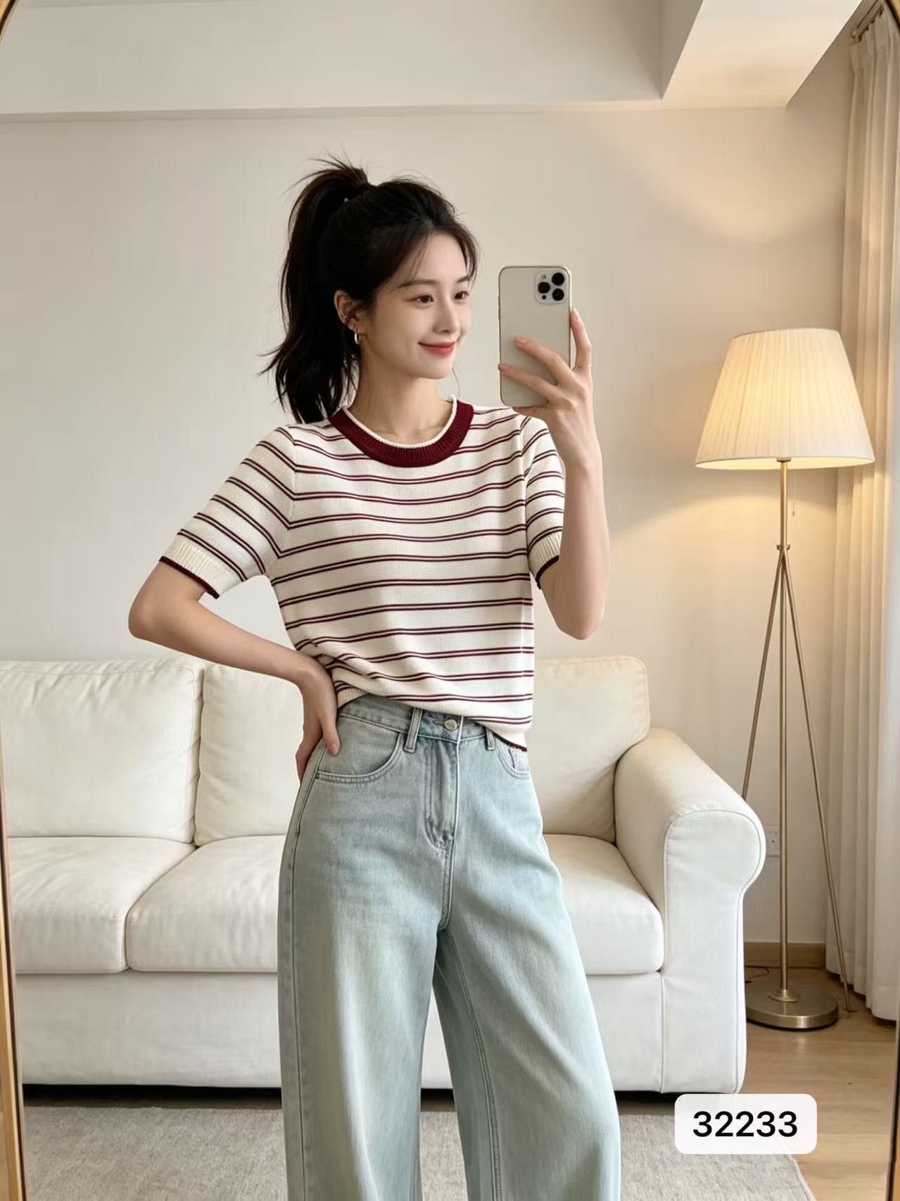 2026 년 여름 새로운 한 부서 부드러운 바람 라운드 넥 패치워크 색상 스트라이프 니트 풀오버 반팔 다용도 맨위 여성 상세 이미지 5