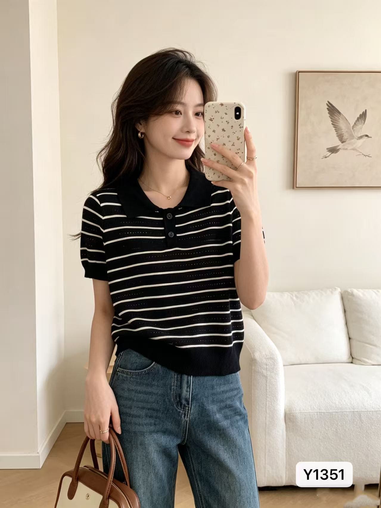 POLO 칼라 스트라이프 홀로우 아웃 반팔 여성 여름 한국 스타일 폴로 칼라 디자인 센스 Chic 슬림해 보이는 쇼트 스타일 다용도 맨위 상세 이미지 3