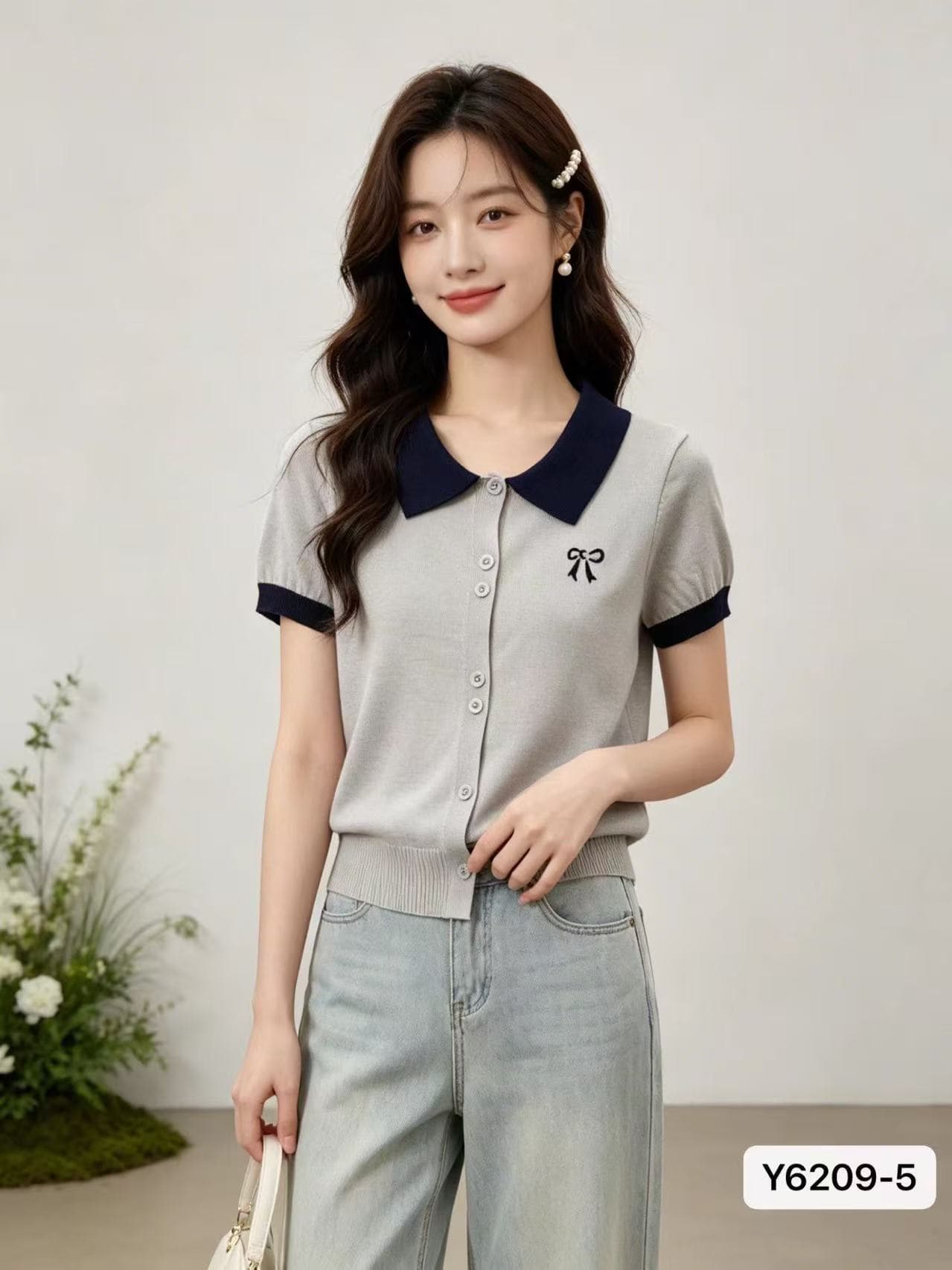 2026 년 여름 새로운 품격 폴로 칼라 패치워크 색상 디자인 나비 매듭 자수 반팔 오픈 가디건 다용도 맨위 여성 상세 이미지 10