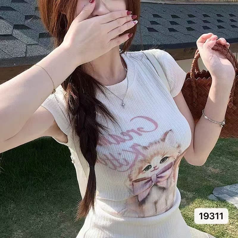 한국 스타일 품격 아름다운 귀여운 연령 감소 고양이 프린트 패턴 긍정적 인 어깨 풀오버 반팔 상세 이미지 5