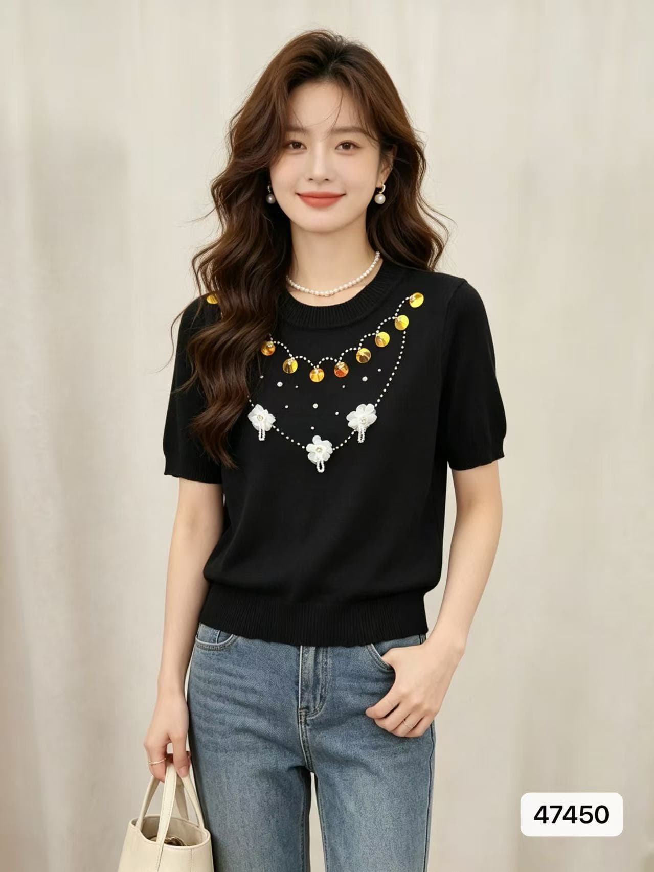 단색 3 차원 꽃 라운드 넥 반팔 여성 여름 202 년 여름 새로운 한국 스타일 배색 캐주얼 다용도 맨위
