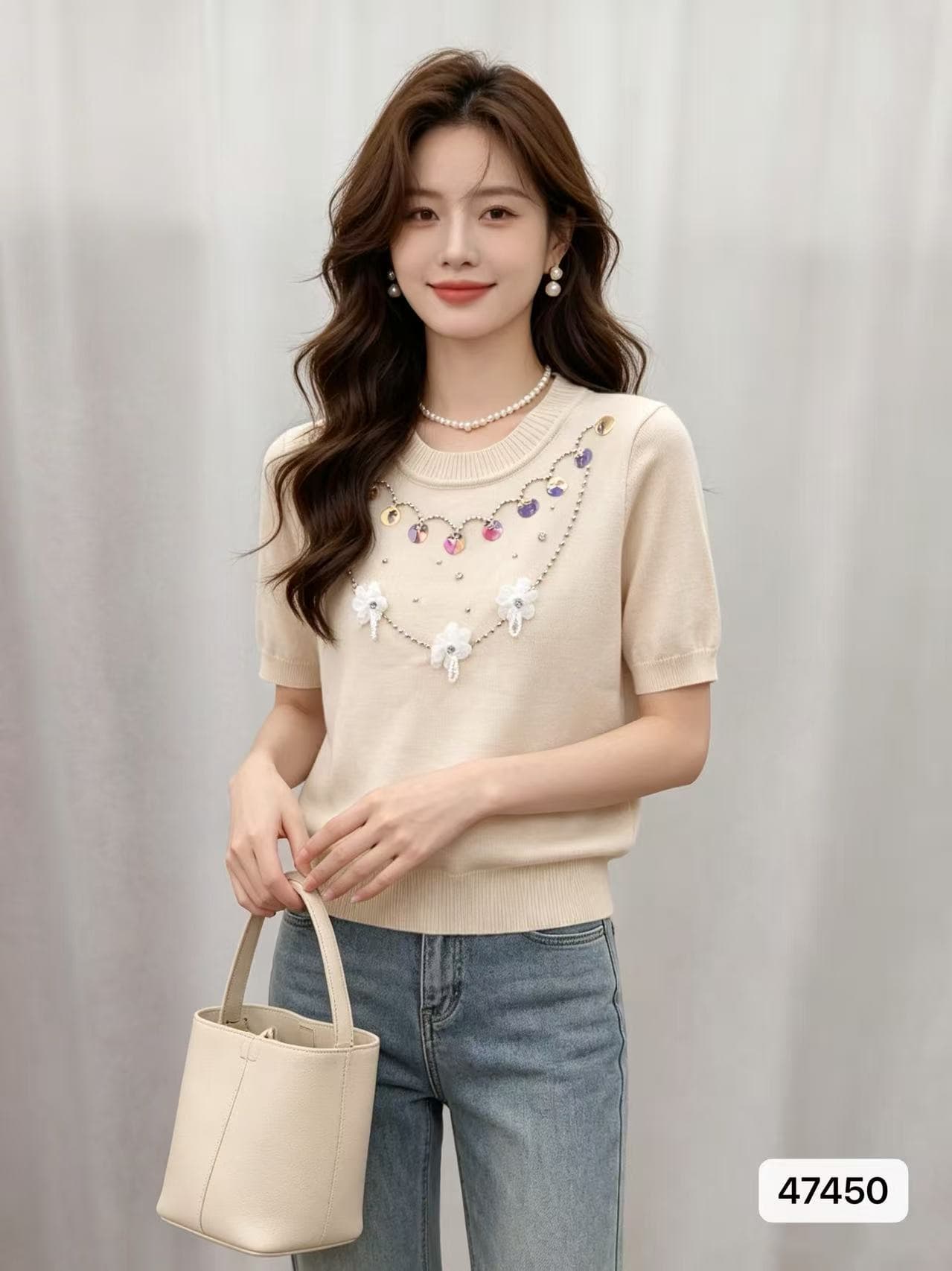 단색 3 차원 꽃 라운드 넥 반팔 여성 여름 202 년 여름 새로운 한국 스타일 배색 캐주얼 다용도 맨위 상세 이미지 4