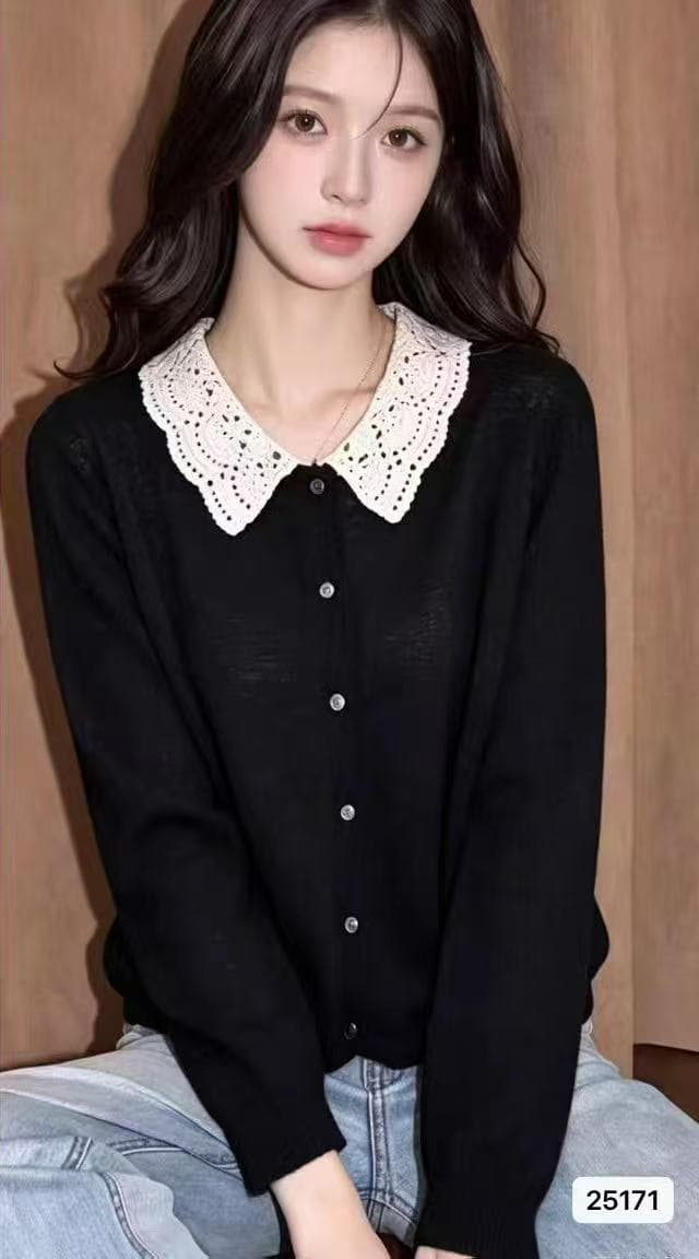 2026 년 가을 새로운 한국 스타일 배색 홀로우 아웃 레이스 폴로 칼라 니트 작은 셔츠 단색 다용도 긴팔 오픈 가디건 여성 상세 이미지 6