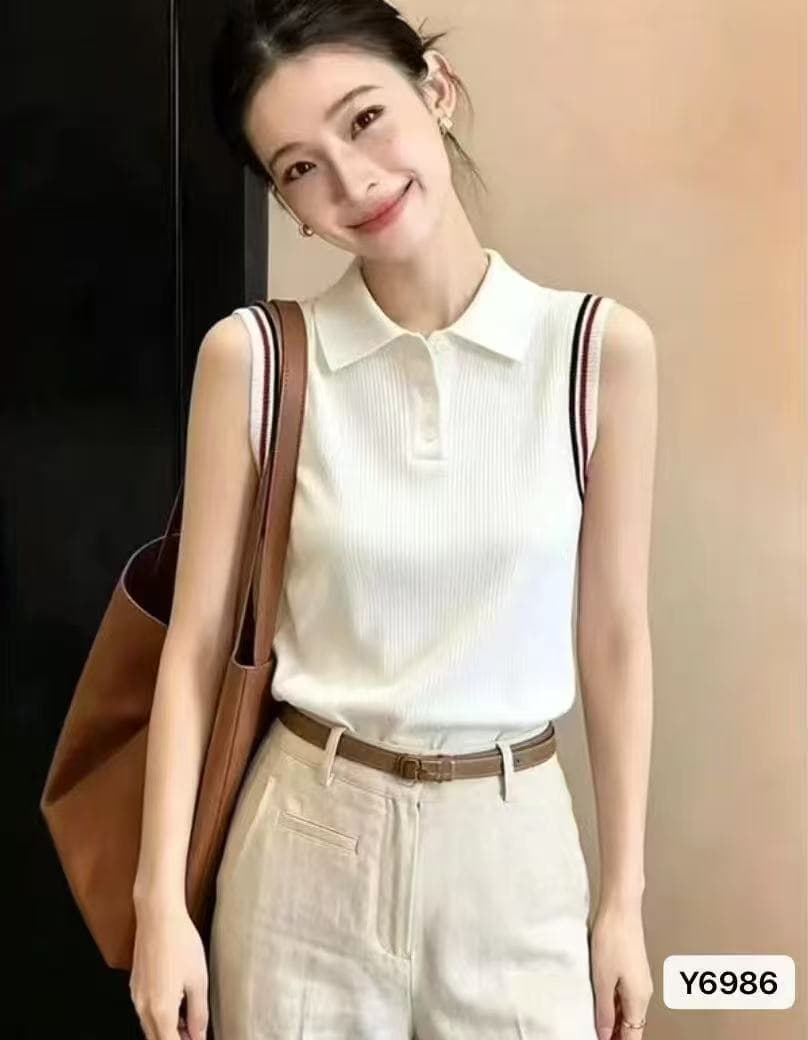POLO 칼라 민소매 니트 조끼 여성 2026 년 여름 새로운 한국 스타일 배색 몸매 가꾸기 슬림해 보이는 다용도 맨위 이미지 3