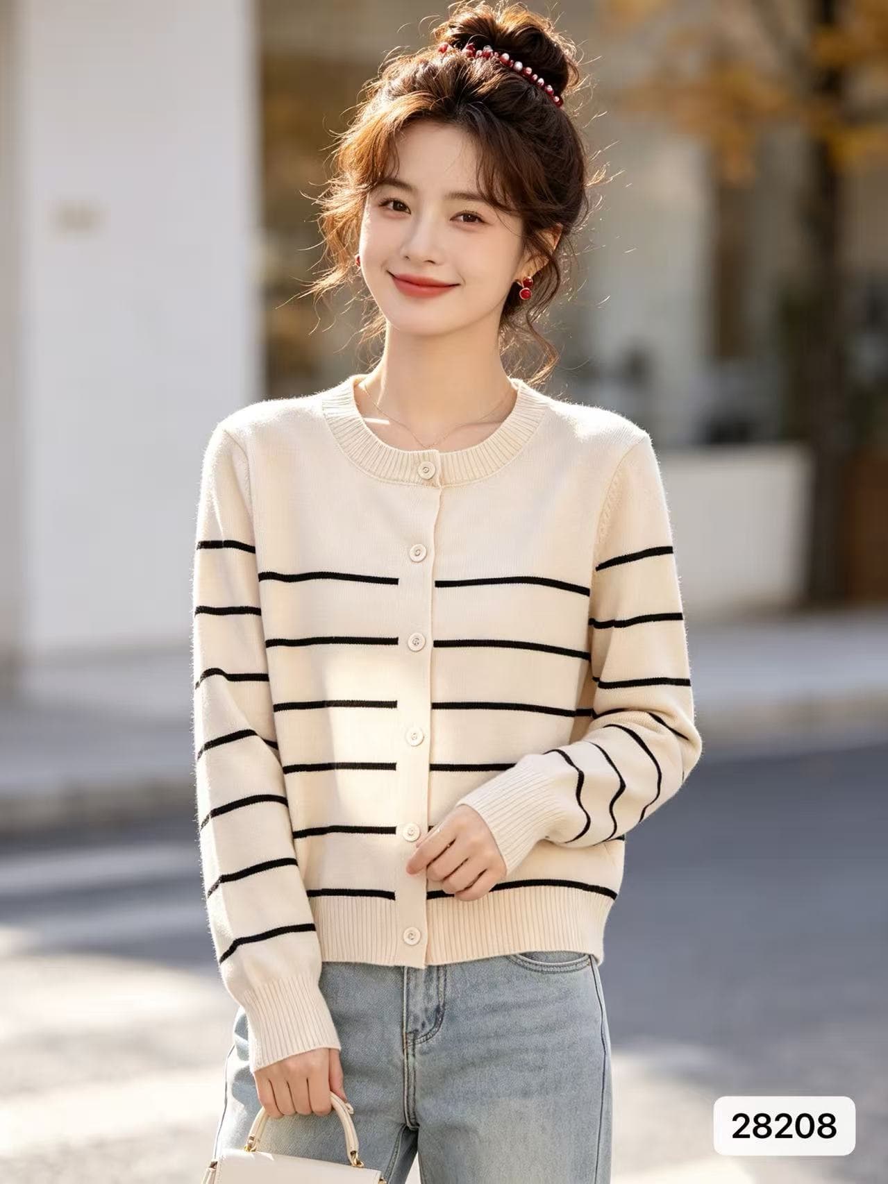 2026 년 가을 새로운 한 부서 패션 배색 라운드 넥 배색 스트라이프 긴팔 오픈 가디건 다용도 맨위 여성 이미지 2