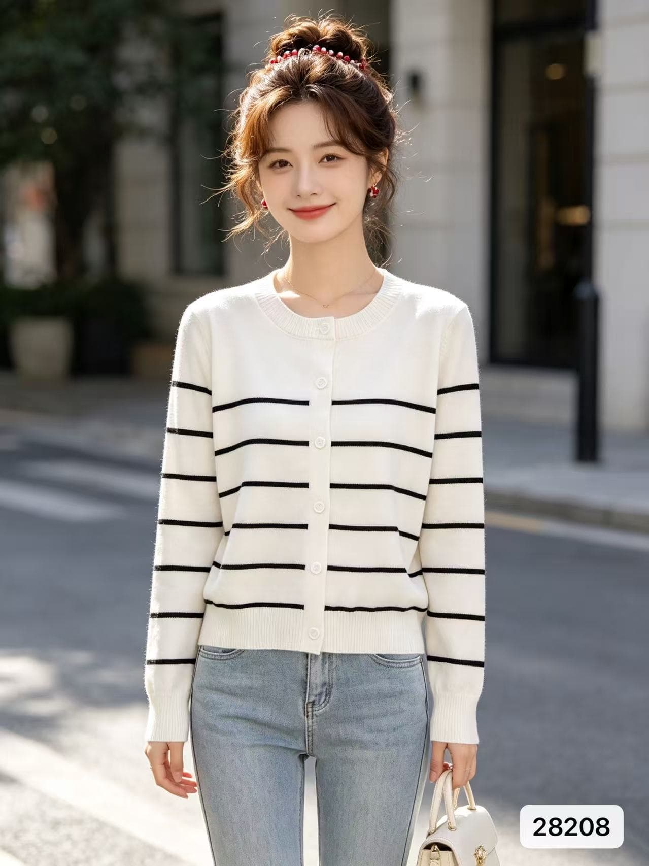 2026 년 가을 새로운 한 부서 패션 배색 라운드 넥 배색 스트라이프 긴팔 오픈 가디건 다용도 맨위 여성 상세 이미지 4