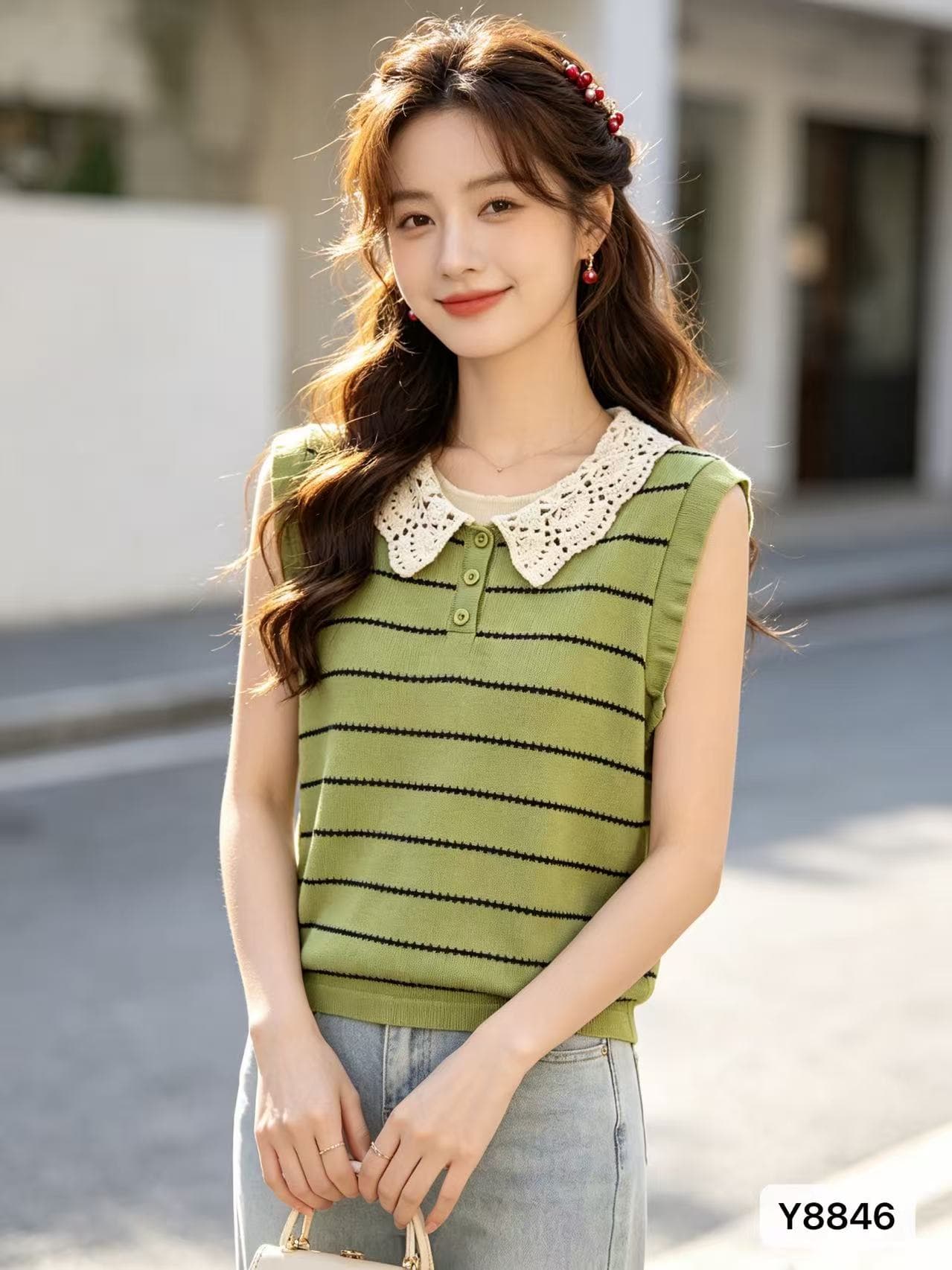 2026 여름 새로운 한 부서 배색 신선함 바람 자수 패치워크 칼라 스트라이프 슬림해 보이는 풀오버 조끼 다용도 맨위 상세 이미지 5