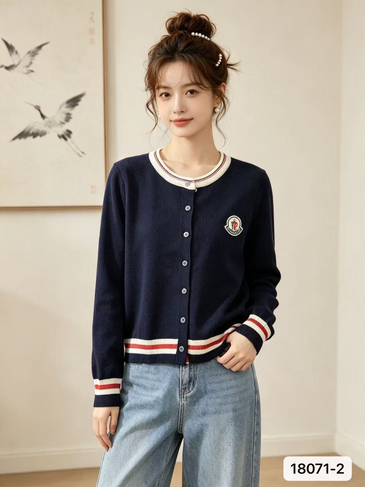 2026 년 가을 새로운 한국 스타일 영국식 바람 라운드 넥 자수 패치워크 색상 니트 오픈 가디건 스웨터 코트 다용도 맨위 상세 이미지 2