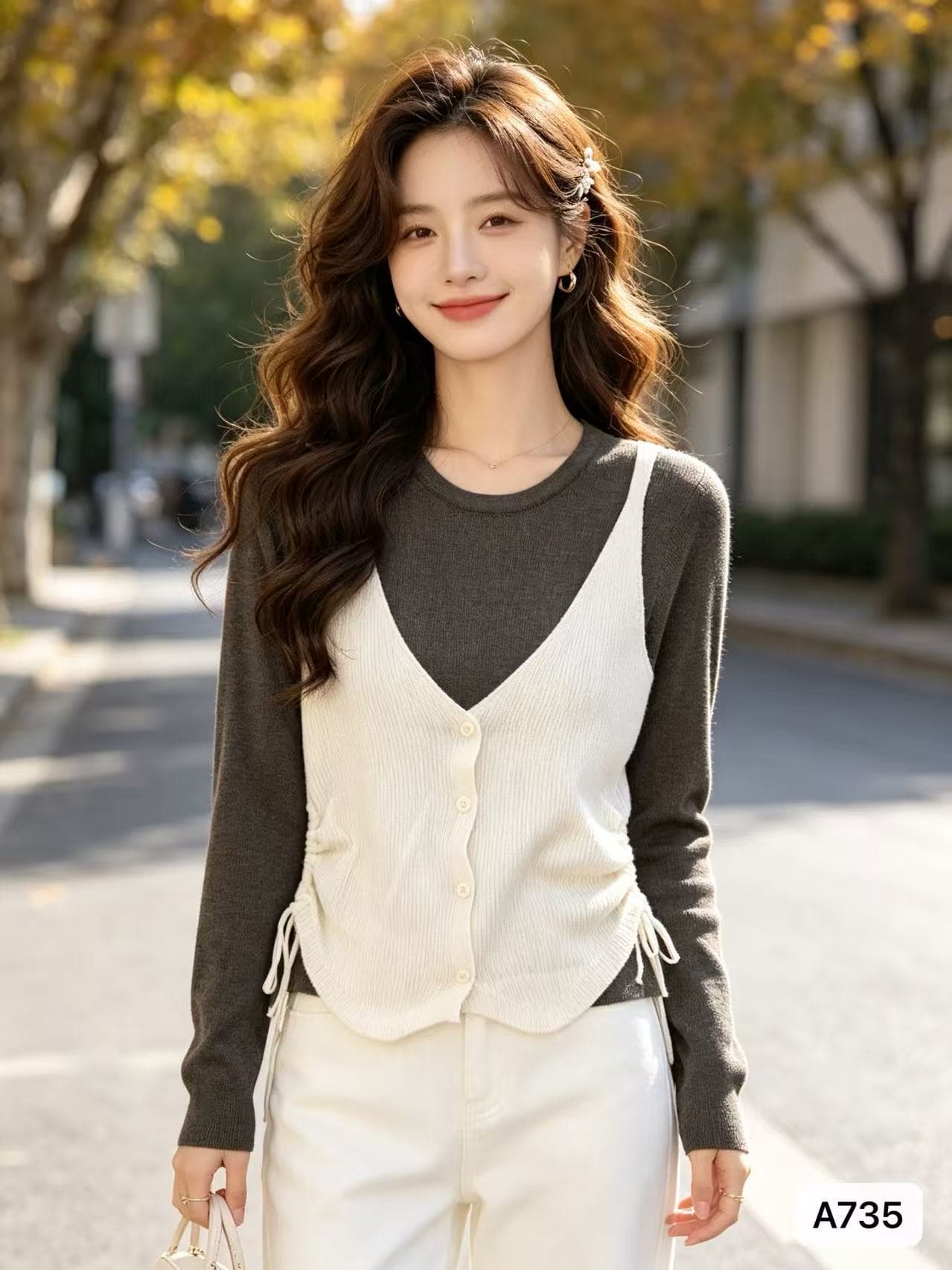 2026 년 가을 새로운 한 부서 레트로 배색 페이크 레이어드 니트 펌프 로프 디자인 센스 허리 수축 풀오버 긴팔 이미지 4