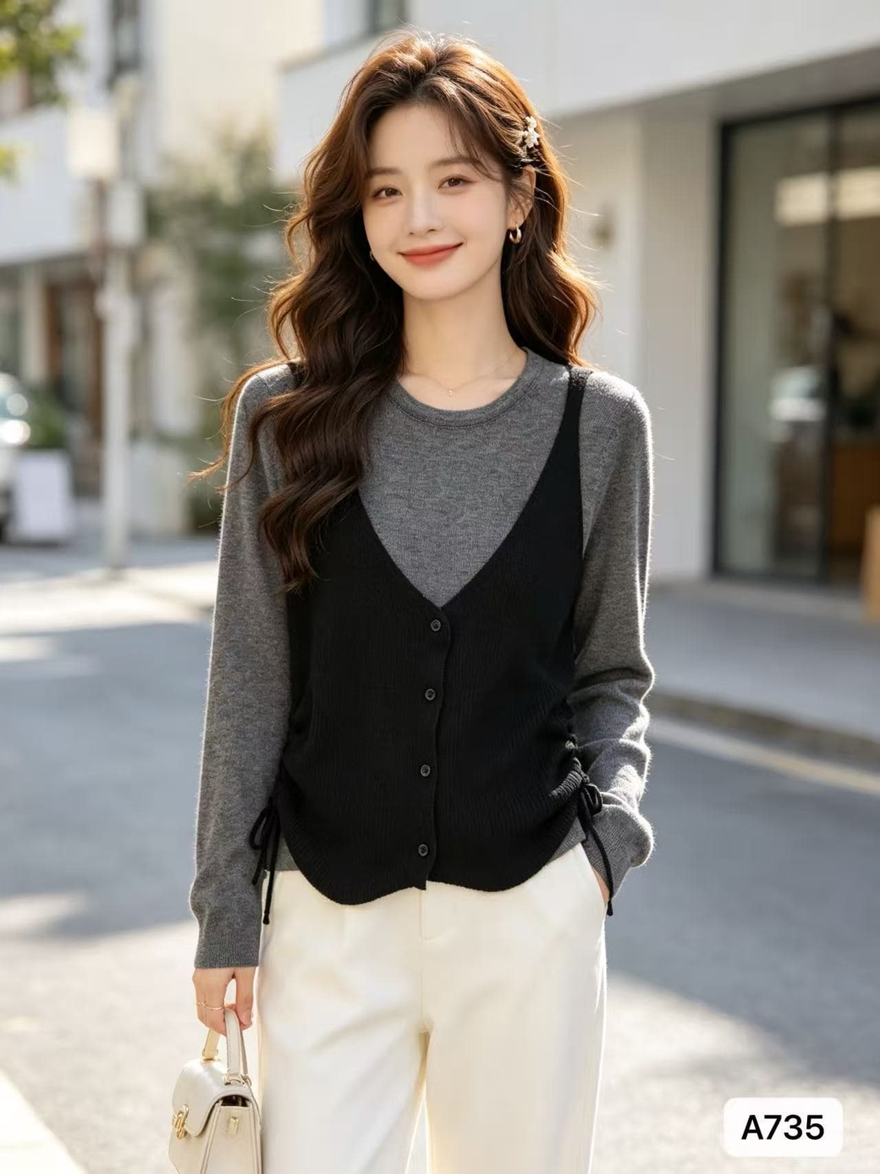 2026 년 가을 새로운 한 부서 레트로 배색 페이크 레이어드 니트 펌프 로프 디자인 센스 허리 수축 풀오버 긴팔 상세 이미지 1