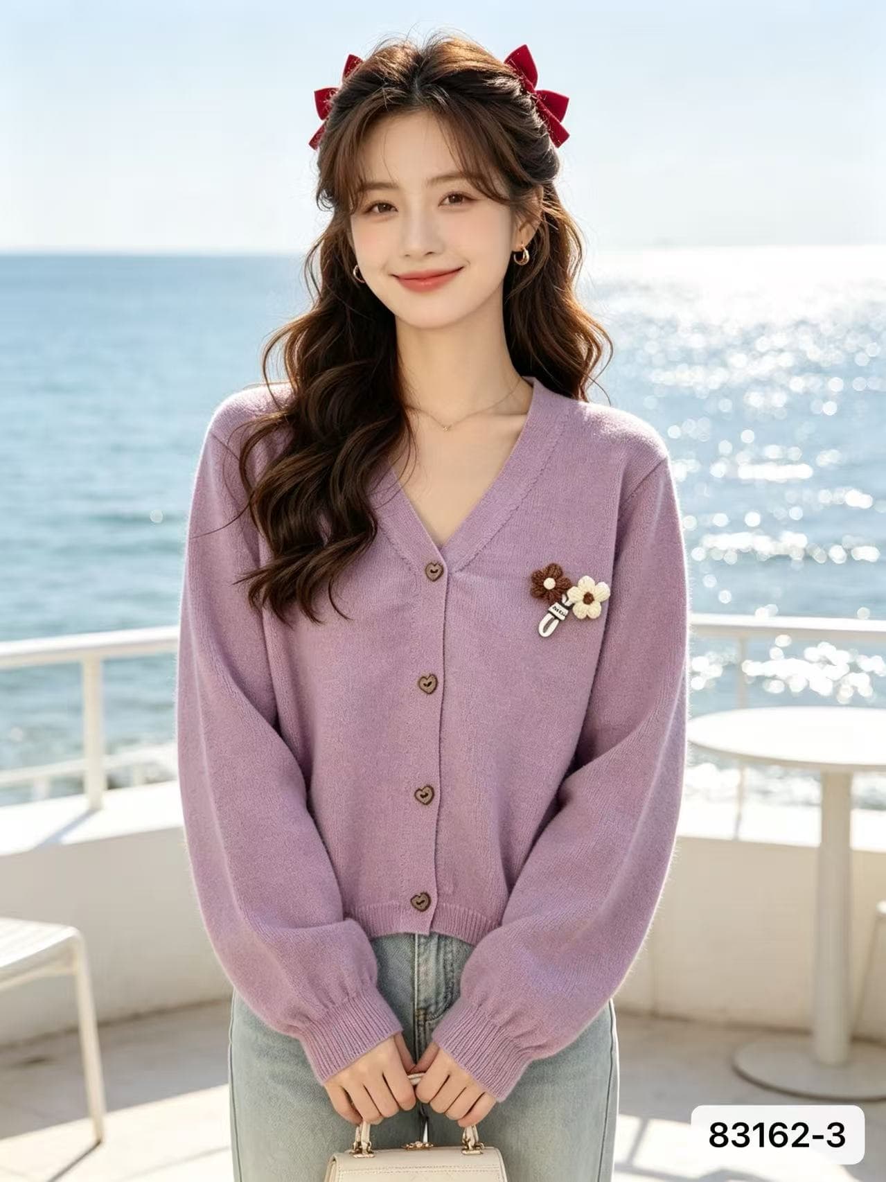 2026 가을 한국 스타일 새로운 배색 달콤함 연령 감소 V넥 3 차원 꽃 니트 긴 소매 오픈 가디건 외부 다용도 맨위 이미지 2