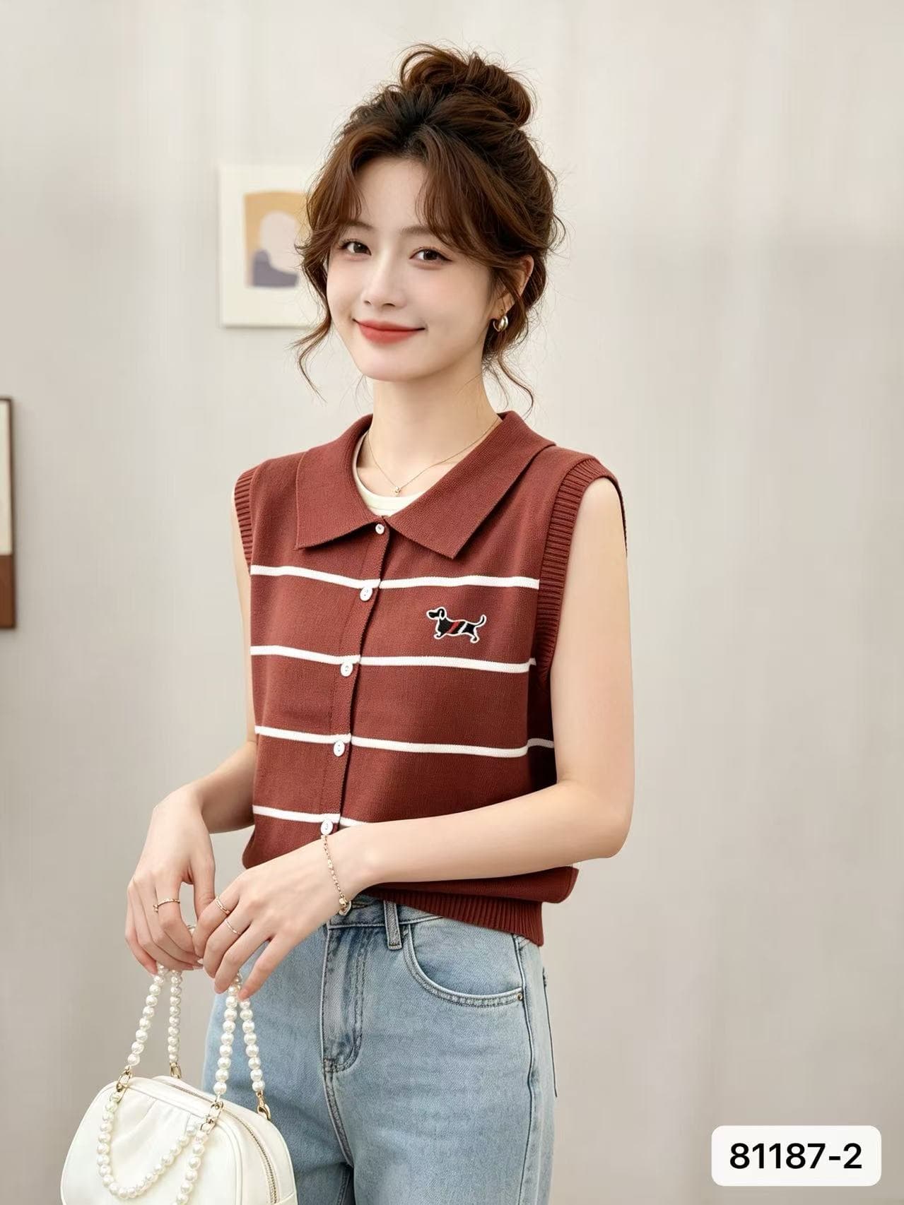2026 년 여름 새로운 한국 스타일 학원 스타일 폴로 칼라 강아지 자수 스트라이프 니트 조끼 오픈 가디건 다용도 맨위 상세 이미지 2
