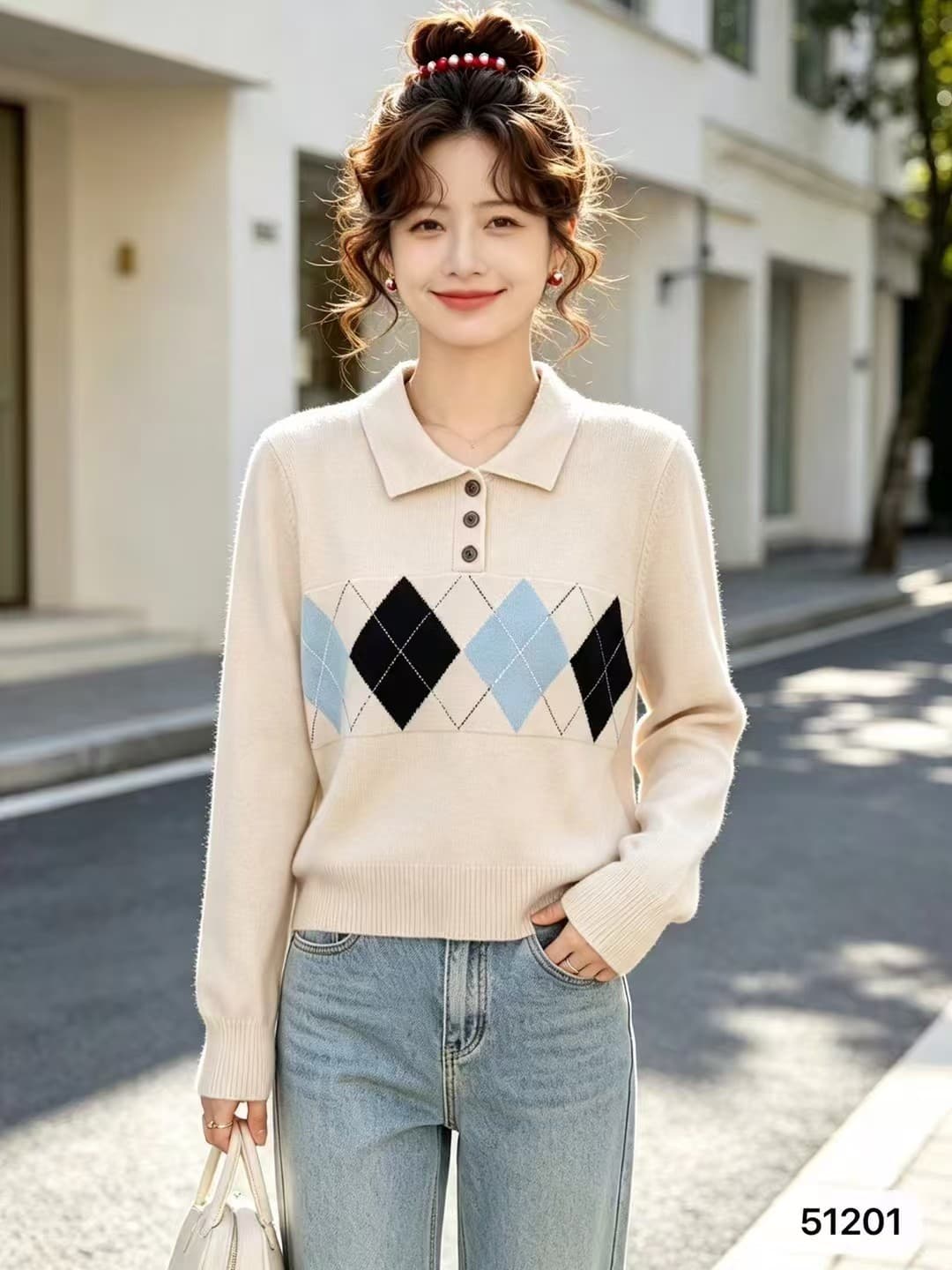 2026 년 가을 새로운 한 부서 배색 폴로 칼라 하프 열린 가슴 링 그리드 무늬 자카드 풀오버 긴팔 다용도 맨위 이미지 2