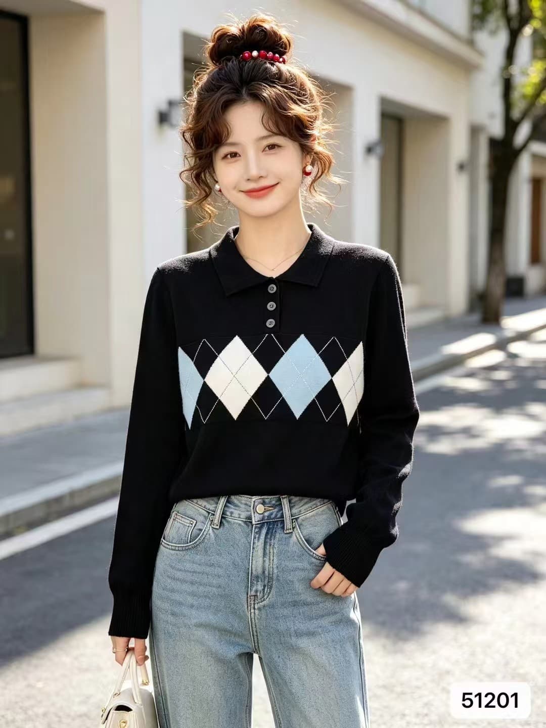2026 년 가을 새로운 한 부서 배색 폴로 칼라 하프 열린 가슴 링 그리드 무늬 자카드 풀오버 긴팔 다용도 맨위 이미지 4