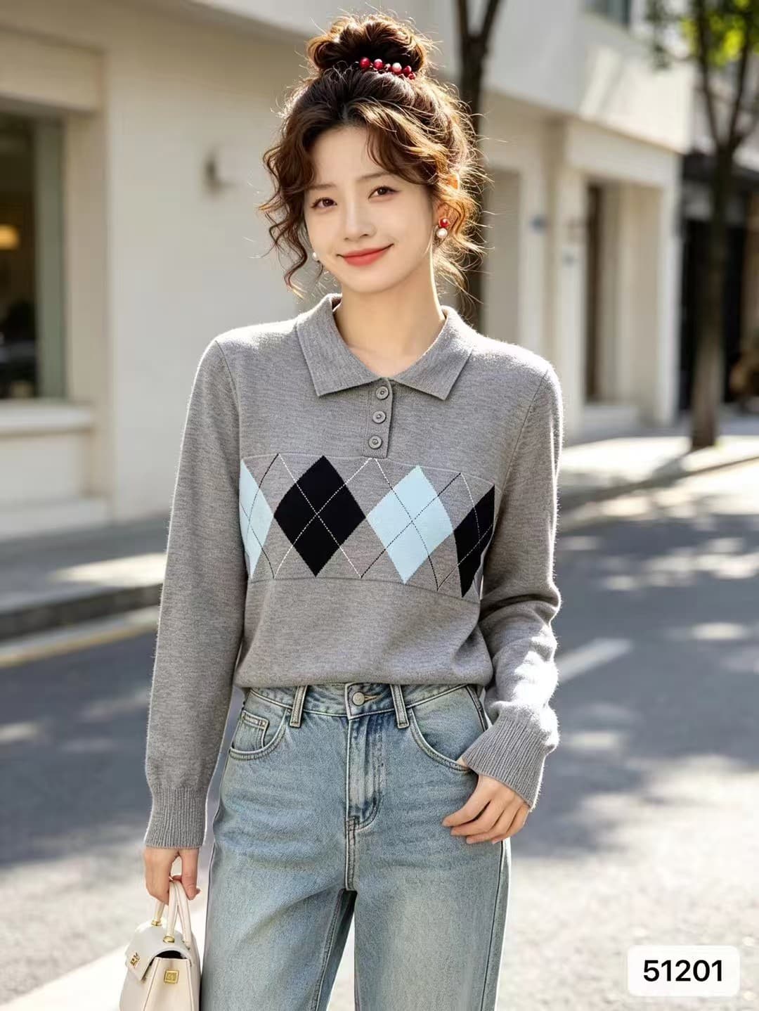 2026 년 가을 새로운 한 부서 배색 폴로 칼라 하프 열린 가슴 링 그리드 무늬 자카드 풀오버 긴팔 다용도 맨위 상세 이미지 6