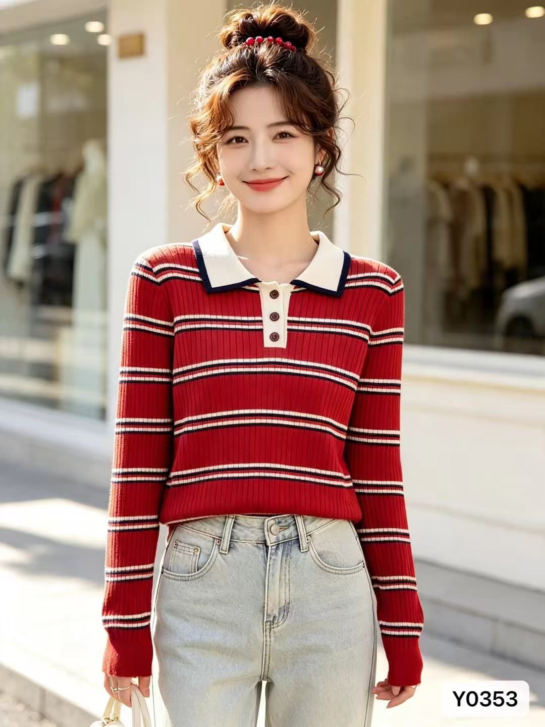 2026 년 가을 새로운 한국 스타일 배색 학원 스타일 POLO 칼라 배색 스트라이프 구덩이 기사 슬림해 보이는 풀오버 긴팔 상세 이미지 1