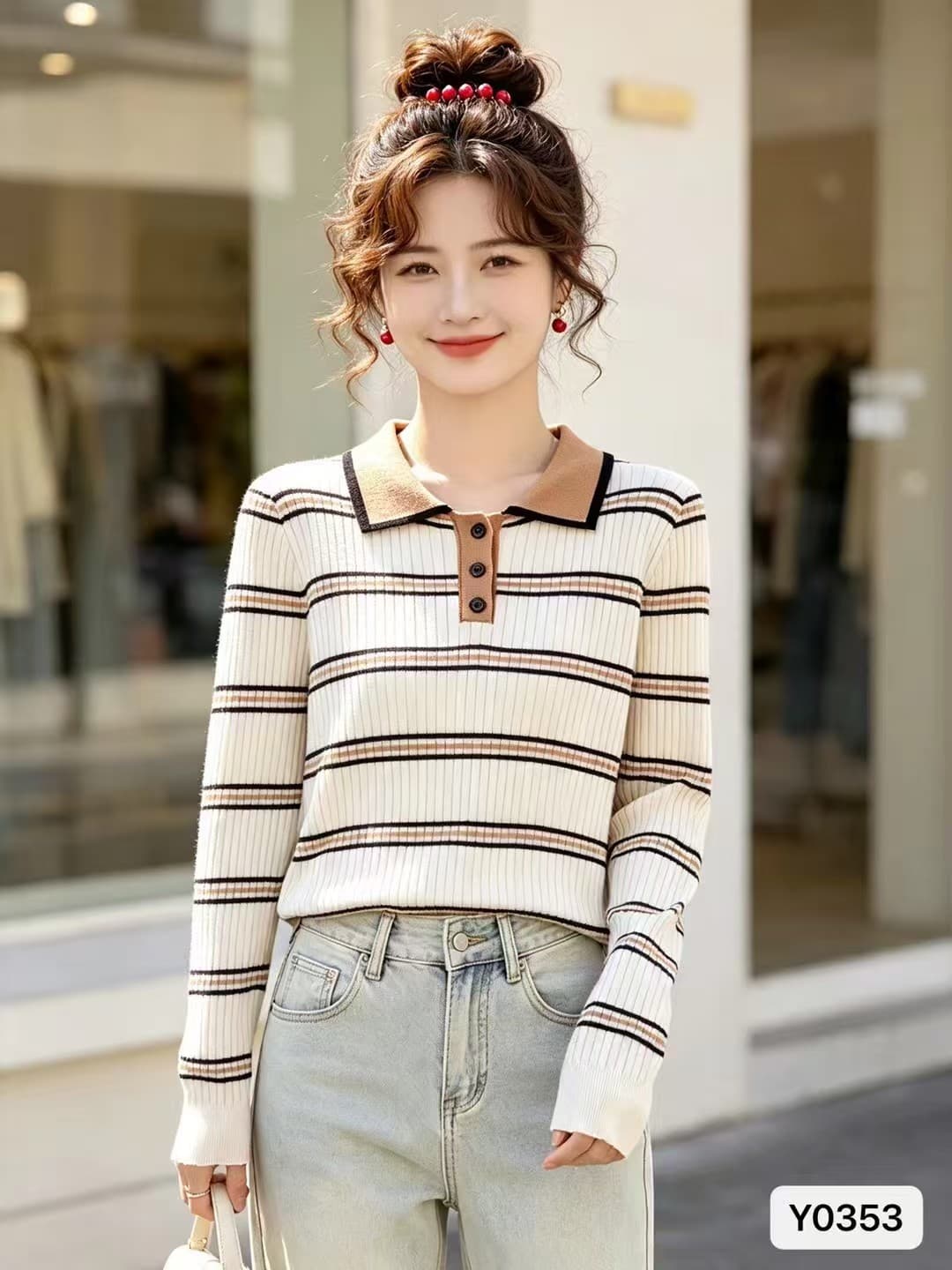 2026 년 가을 새로운 한국 스타일 배색 학원 스타일 POLO 칼라 배색 스트라이프 구덩이 기사 슬림해 보이는 풀오버 긴팔 상세 이미지 2