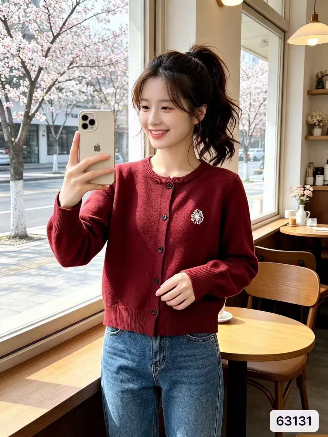 가을 새로운 한국 스타일 패션 라운드 넥 데이지 자수 단색 니트 단추 긴팔 오픈 가디건 다용도 맨위 상세 이미지 9