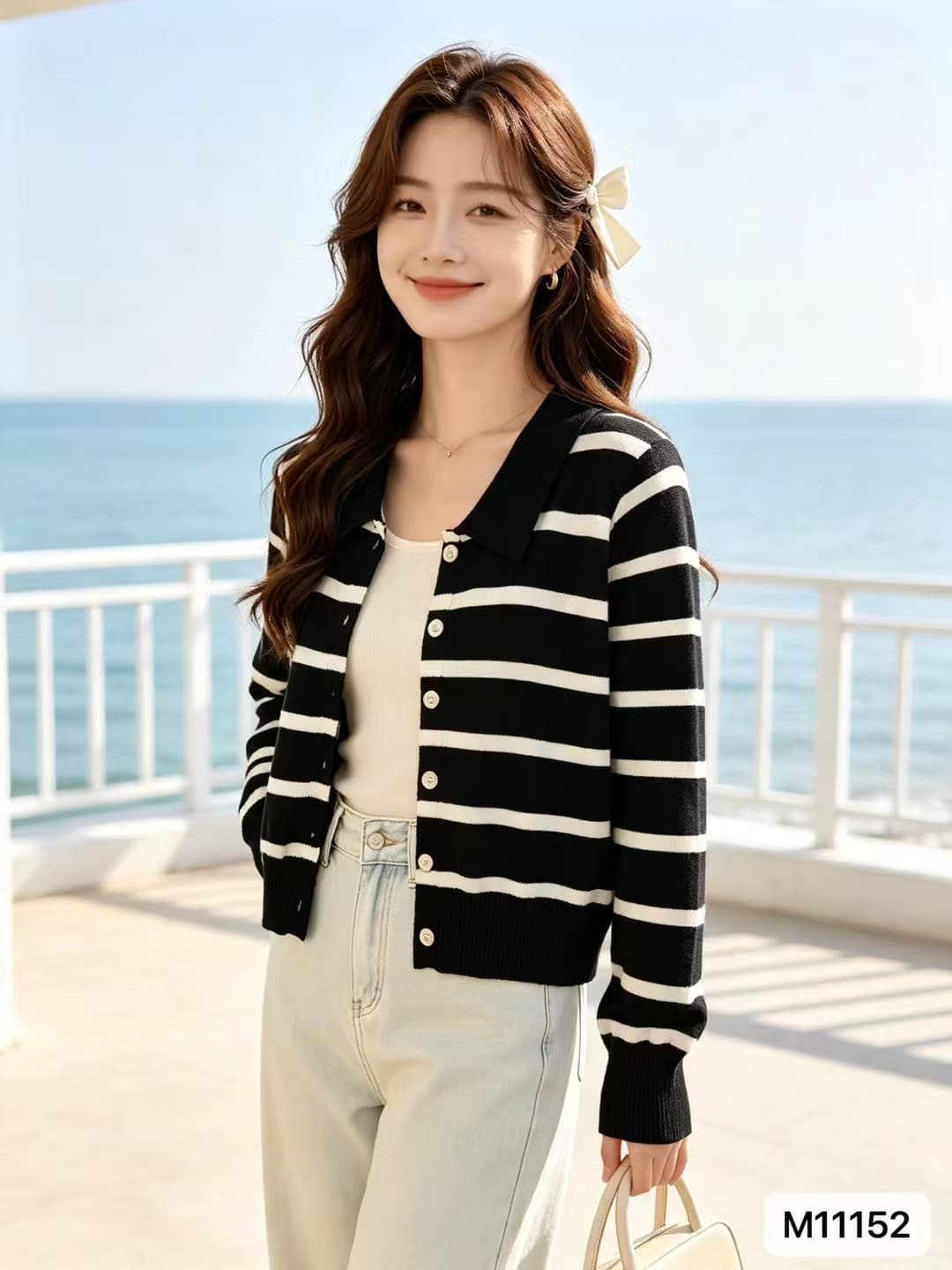 2026 년 가을 새로운 한국 스타일 배색 패션 폴로 칼라 배색 스트라이프 니트 다용도 긴팔 오픈 가디건 다용도 상세 이미지 5