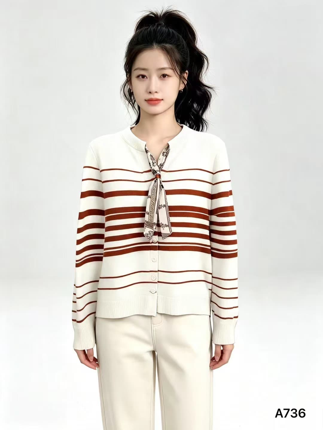 2026 년 가을 새로운 한국 스타일 패션 배색 라운드 넥 스카프 레이스업 배색 스트라이프 루즈핏 긴팔 오픈 가디건 상세 이미지 6