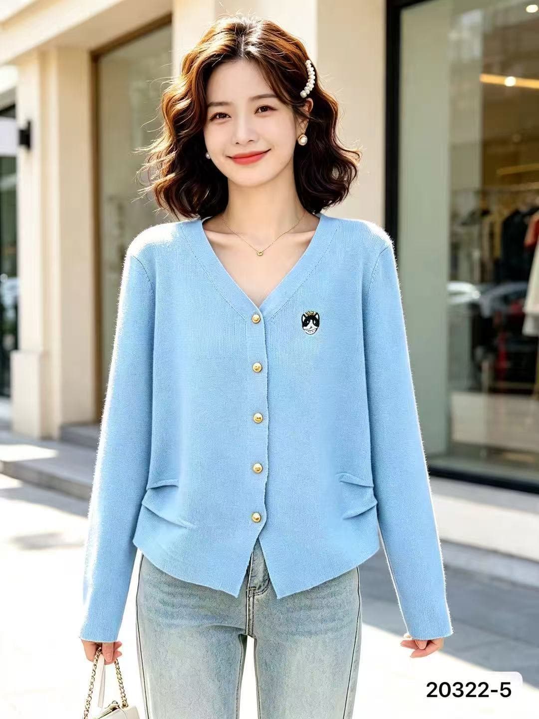 2026 년 가을 새로운 한국 스타일 배색 패션 V넥 자수 금속 버클 주름 허리 수축 슬림해 보이는 긴팔 오픈 가디건 상세 이미지 8