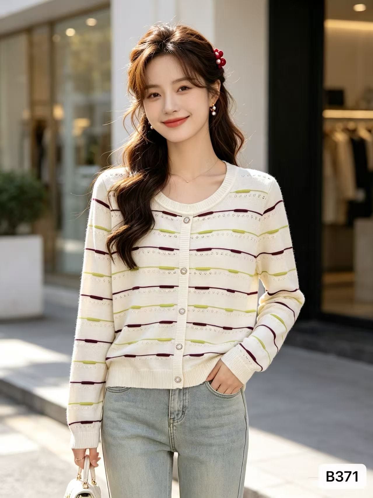 2026 년 가을 새로운 배색 한 부서 패션 싱글 줄 버튼 가로 홀로우 아웃 스트라이프 니트 풀오버 긴팔 다용도 상세 이미지 1
