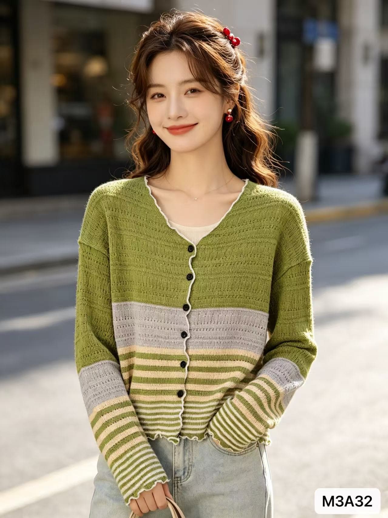 배색 스트라이프 V넥 긴팔 니트 스웨터 여성 가을 새로운 한국 스타일 프릴 단추 루즈핏 다용도 오픈 가디건 맨위 상세 이미지 1