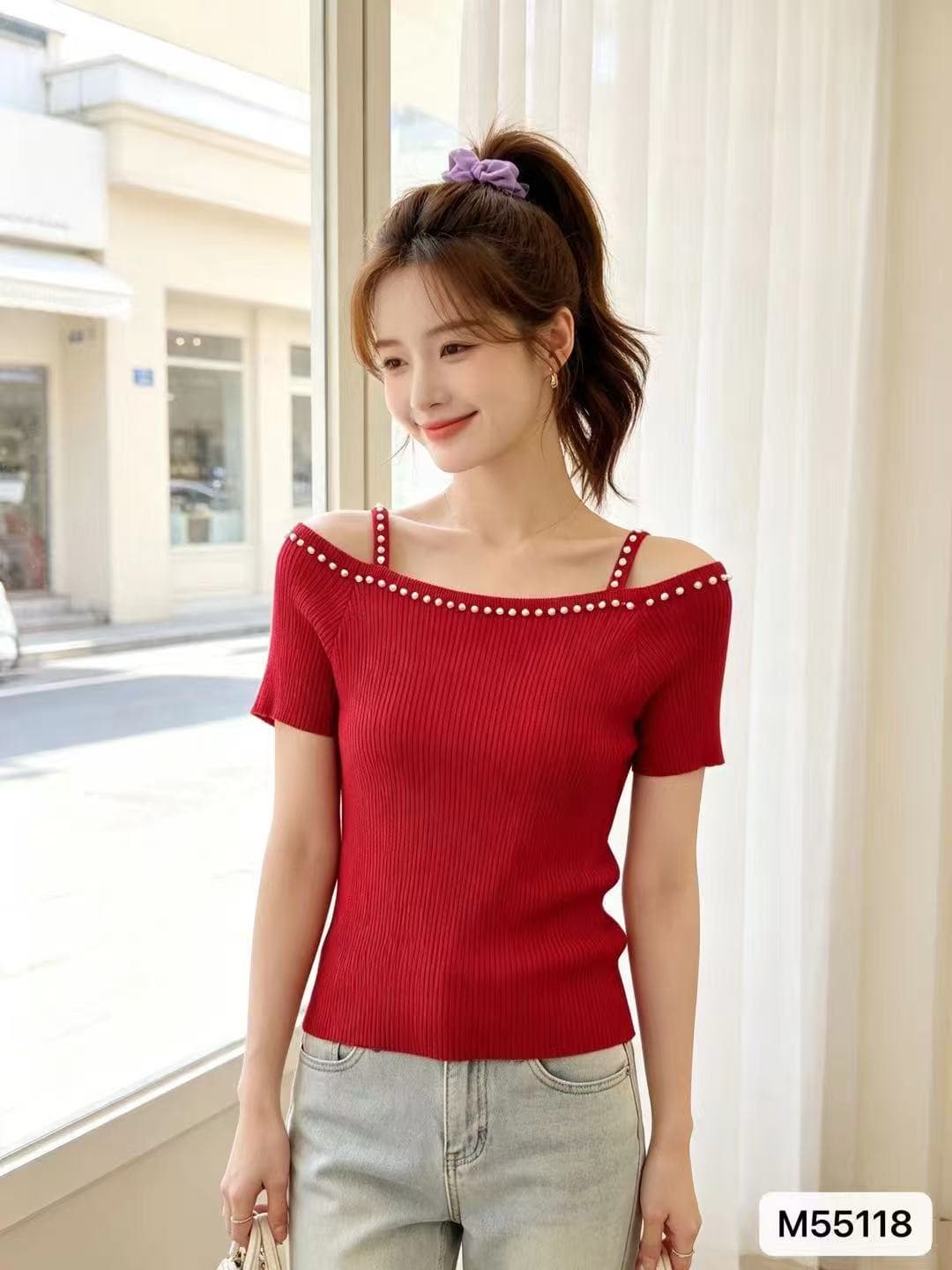 2026 년 여름 새로운 프랑스식 빛 요리 한 바람 진주 오프숄더 니트 몸매 가꾸기 풀오버 반팔 다용도 맨위