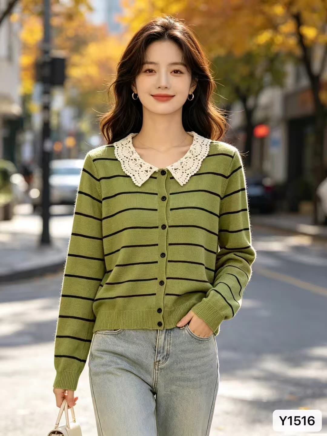 2026 년 가을 한국 스타일 배색 패션 레이스 폴로 칼라 패치워크 하프 열린 가슴 배색 스트라이프 풀오버 긴팔 다용도 상세 이미지 1
