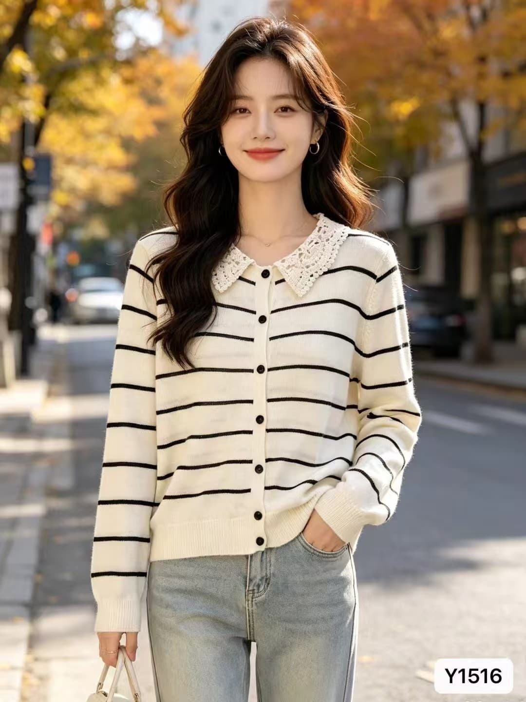 2026 년 가을 한국 스타일 배색 패션 레이스 폴로 칼라 패치워크 하프 열린 가슴 배색 스트라이프 풀오버 긴팔 다용도 상세 이미지 6
