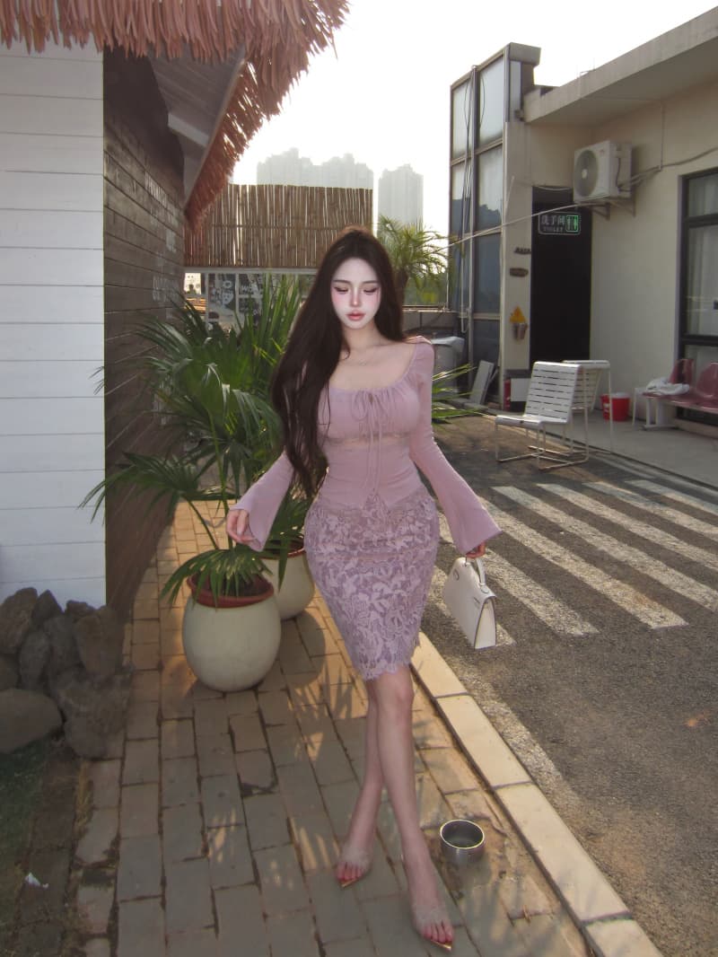 실사 정가 와이드 칼라 허리 수축 긴팔 니트 스웨터 여성 봄 무거운 작업 디자인 센스 반 스커트 세트 상세 이미지 7