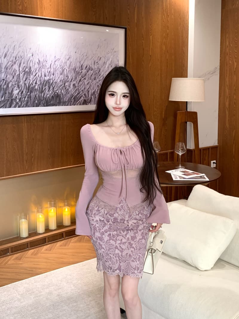 실사 정가 와이드 칼라 허리 수축 긴팔 니트 스웨터 여성 봄 무거운 작업 디자인 센스 반 스커트 세트 상세 이미지 16
